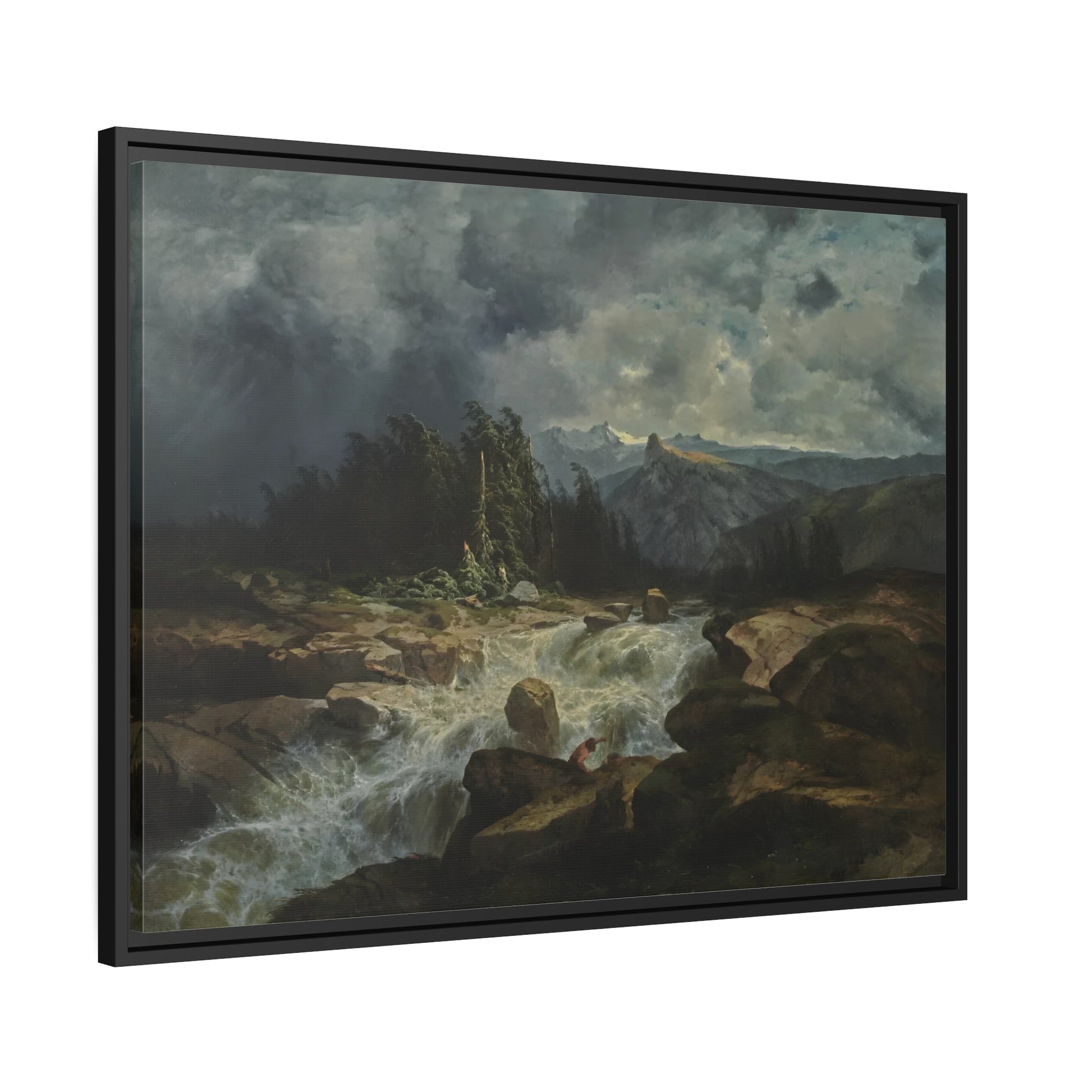 Mountain by Storm River Landscape Stretched Canvas Print - Framed Wall Art for Living Room in Frame