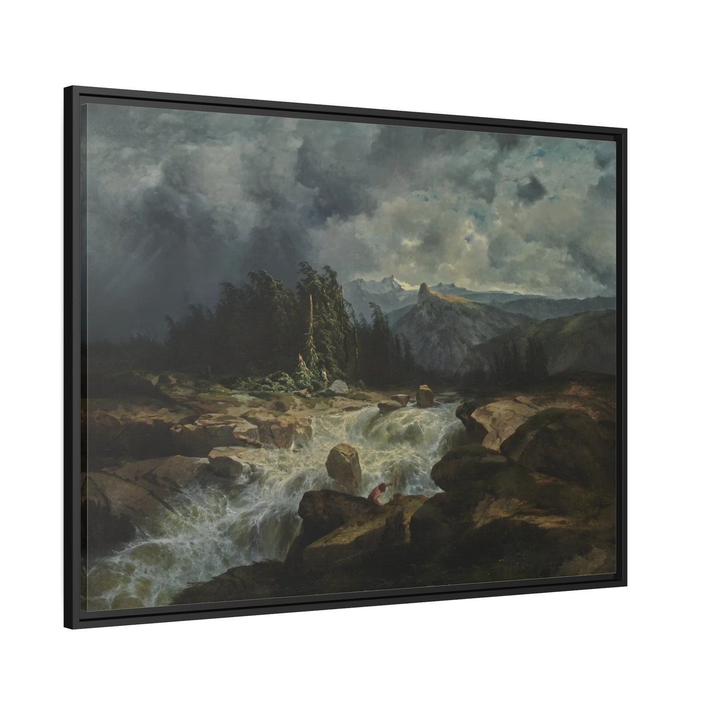 Mountain by Storm River Landscape Stretched Canvas Print - Framed Wall Art for Living Room in Frame