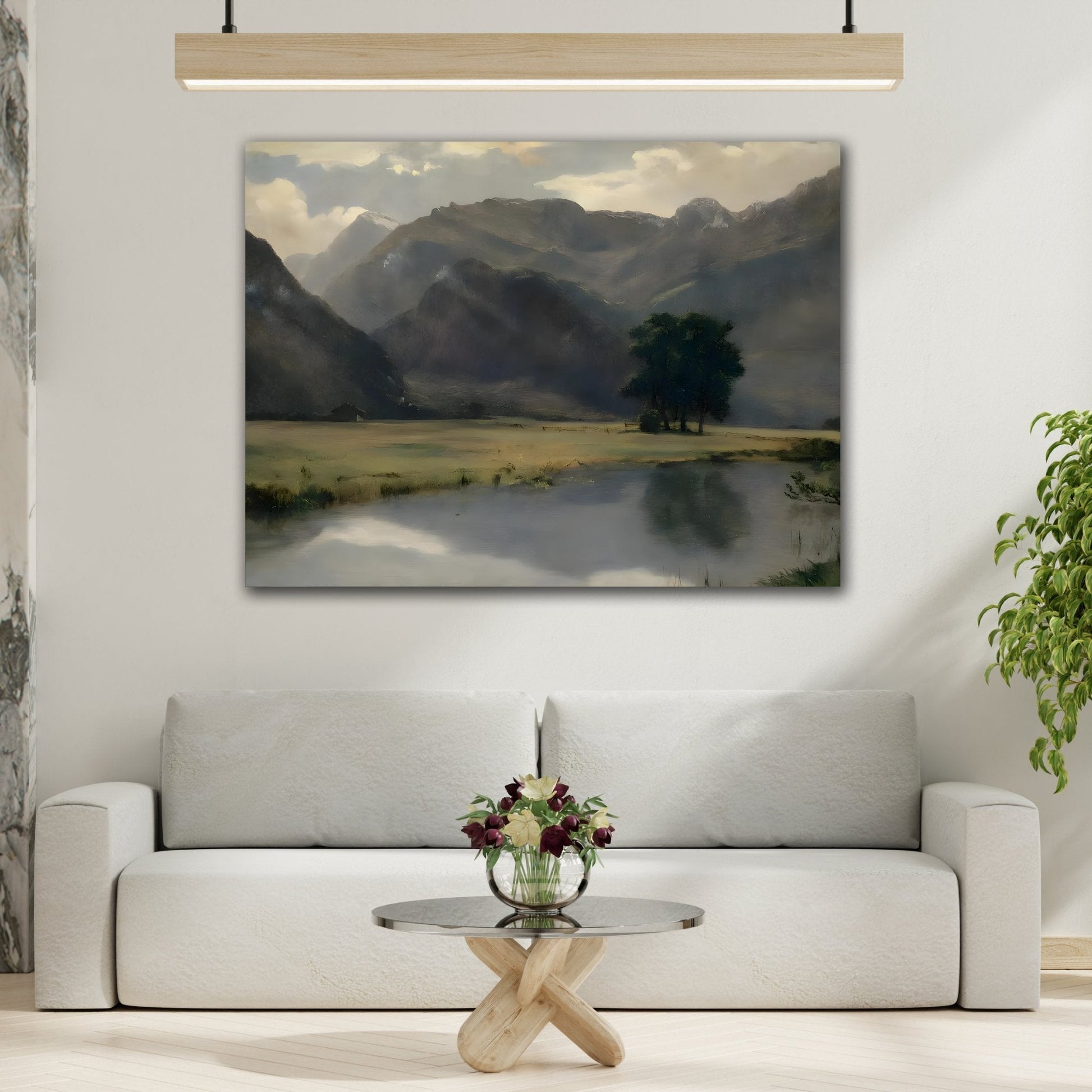 Mountains Landscape with Calm Serene Lake - Framed Stretched Canvas Wall Art Painting Print