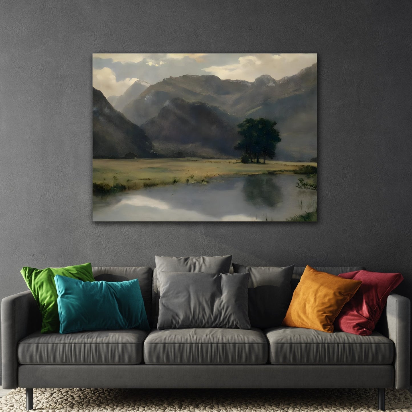 Mountains Landscape with Calm Serene Lake - Framed Stretched Canvas Wall Art Painting Print