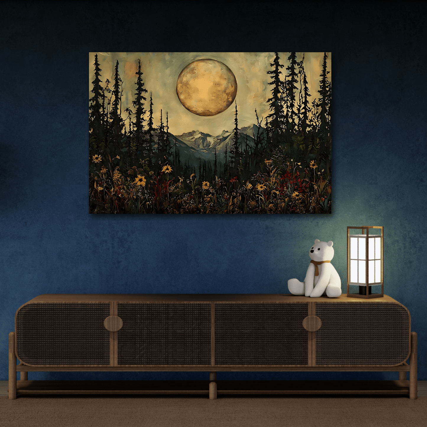 Mystical Moon Wall Art, Moonlit Forest Meadow Canvas Print