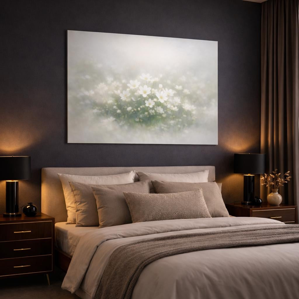 Nature White Flowers Floral - Canvas Wall Art Print in luxury bedroom