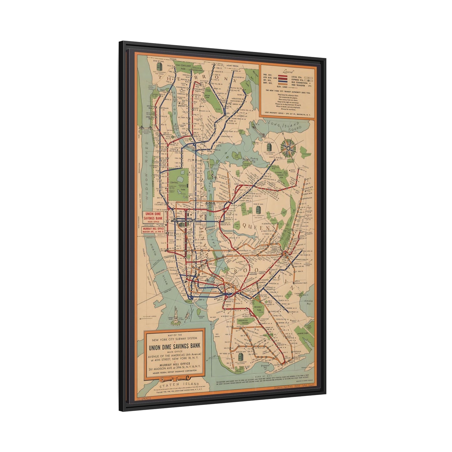 New York Subway Vintage Map on Canvas - Voorhies Framed Wall Art Print