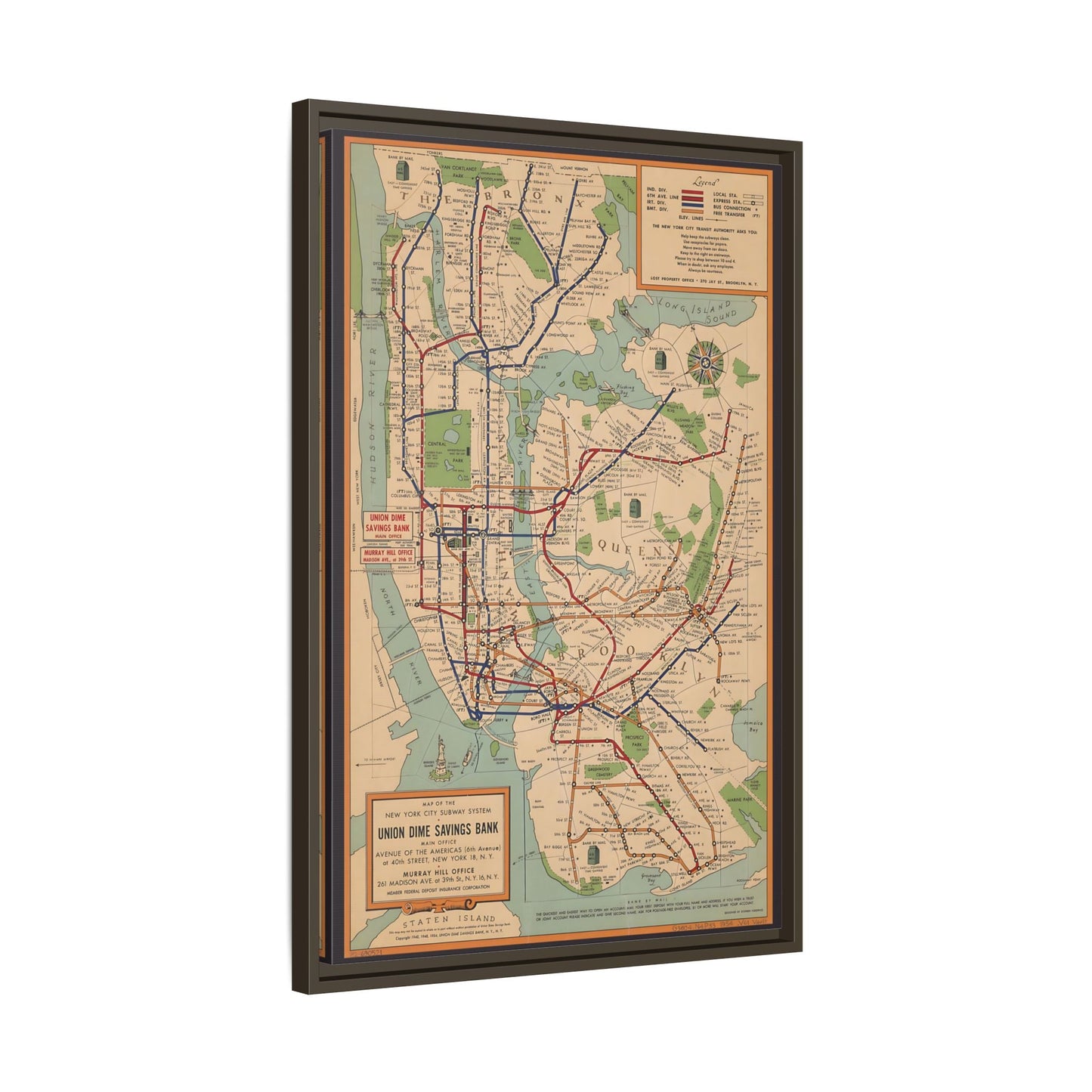 New York Subway Vintage Map on Canvas - Voorhies Framed Wall Art Print