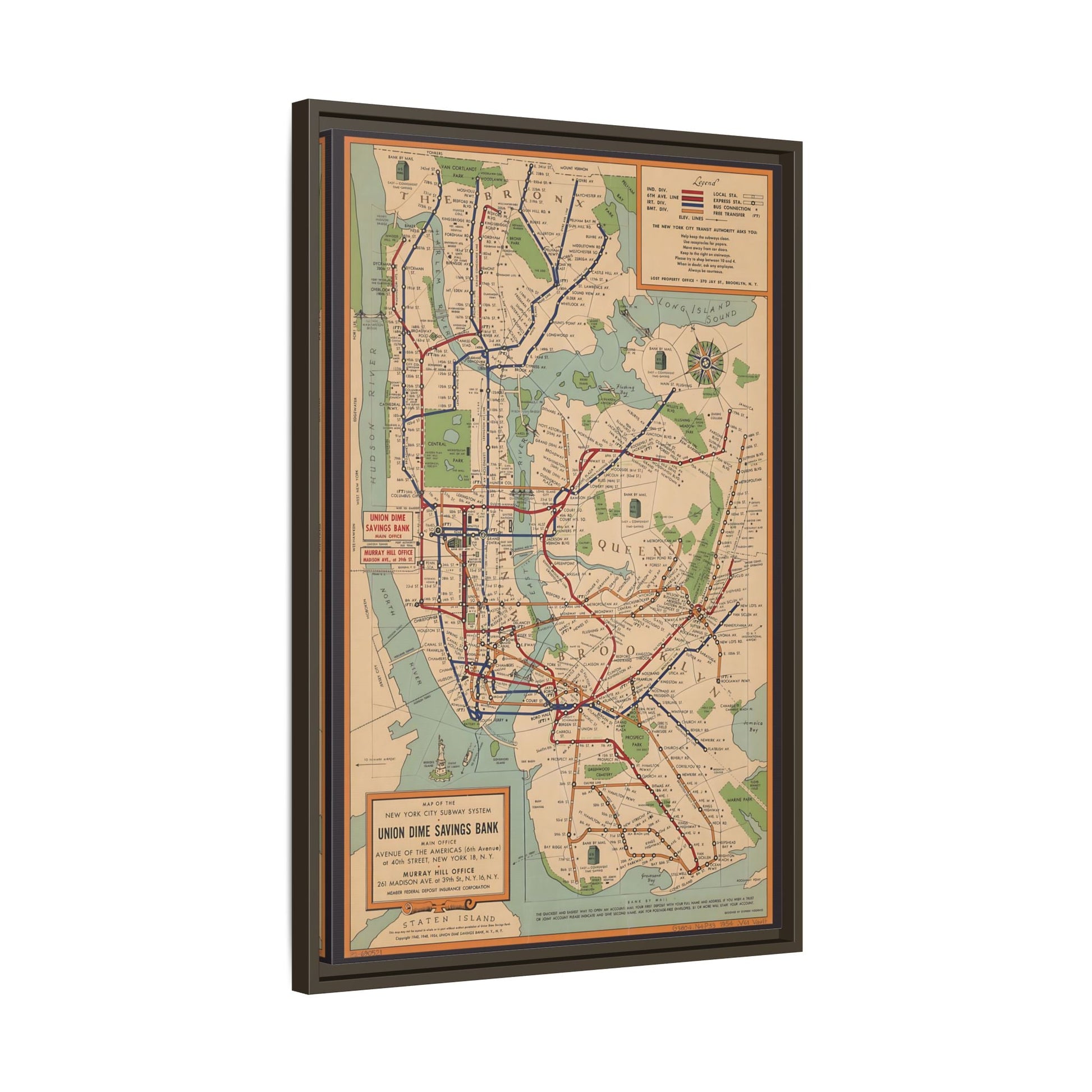 New York Subway Vintage Map on Canvas - Voorhies Framed Wall Art Print