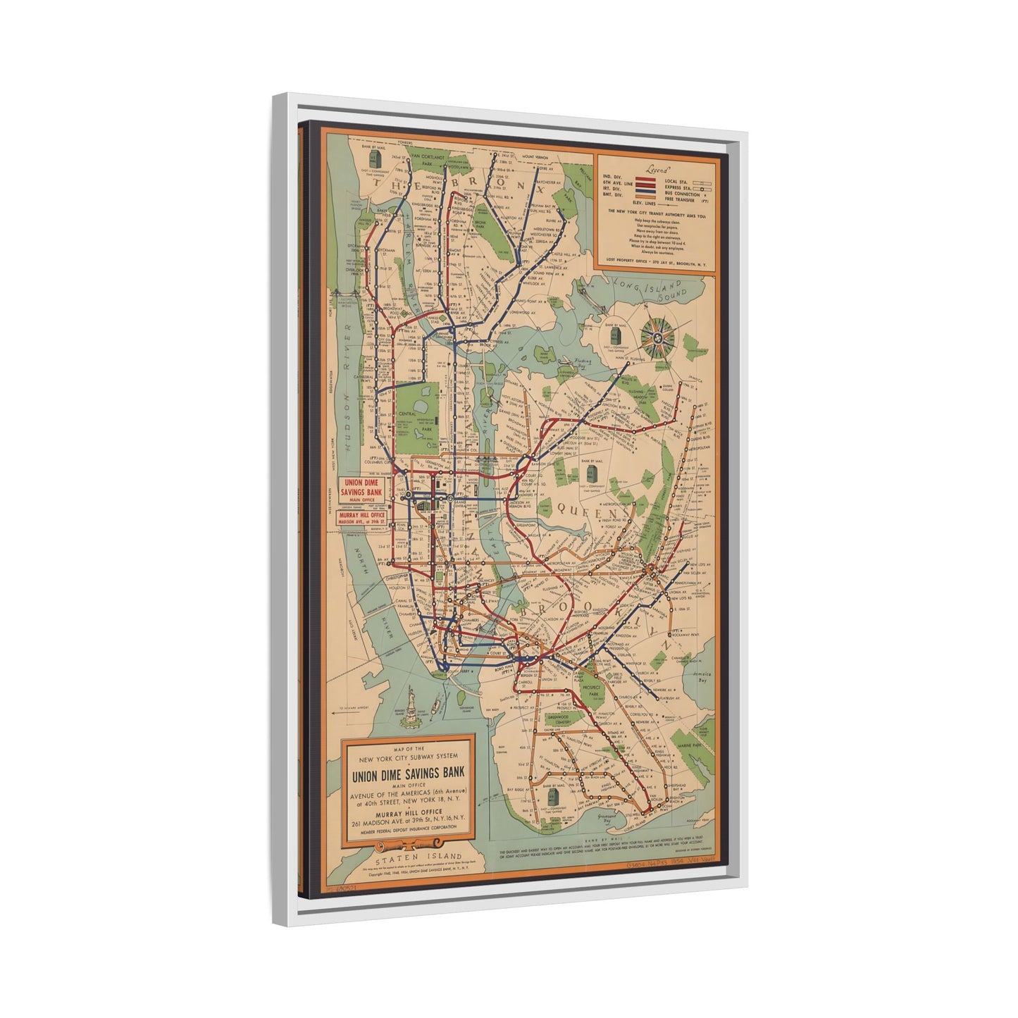 New York Subway Vintage Map on Canvas - Voorhies Framed Wall Art Print