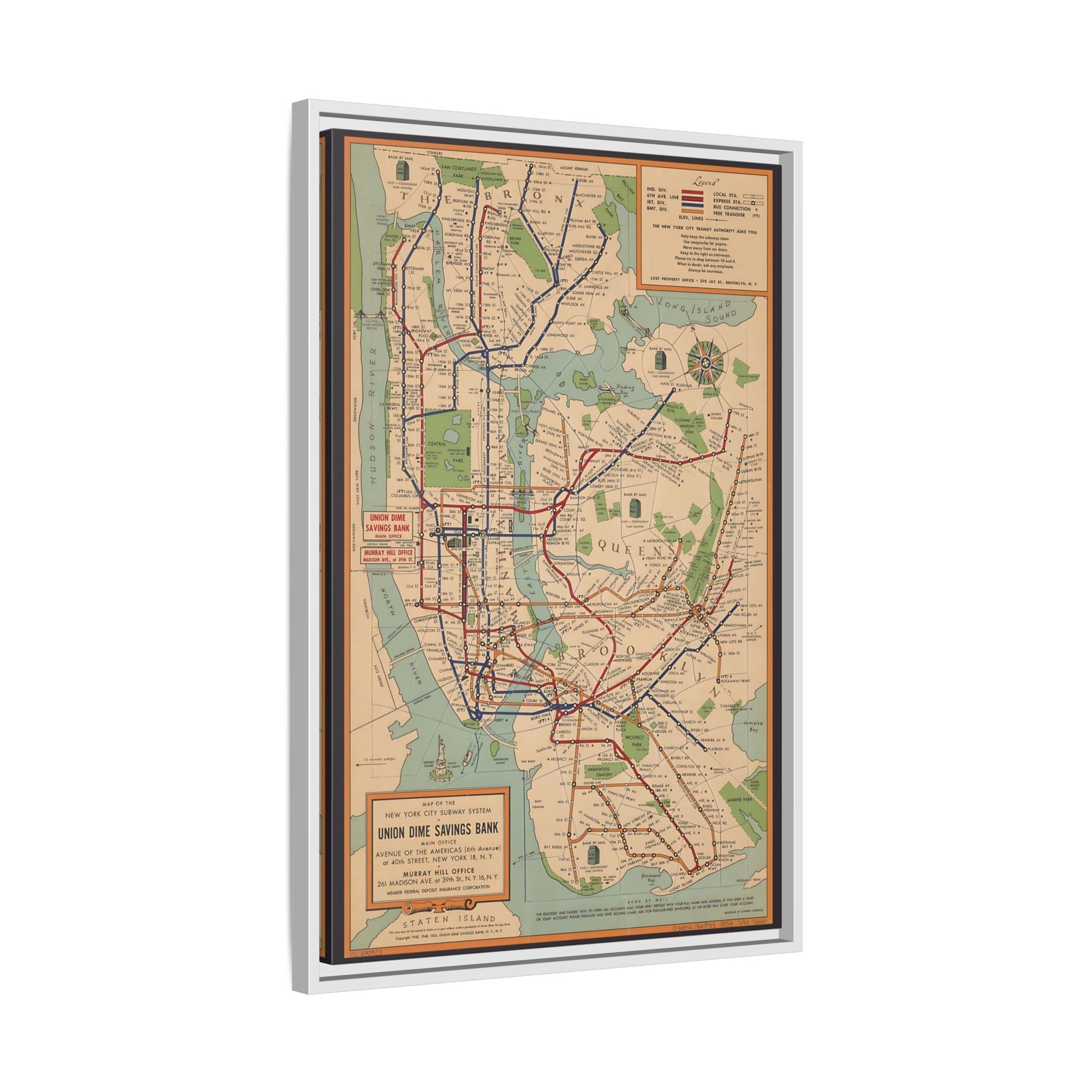New York Subway Vintage Map on Canvas - Voorhies Framed Wall Art Print