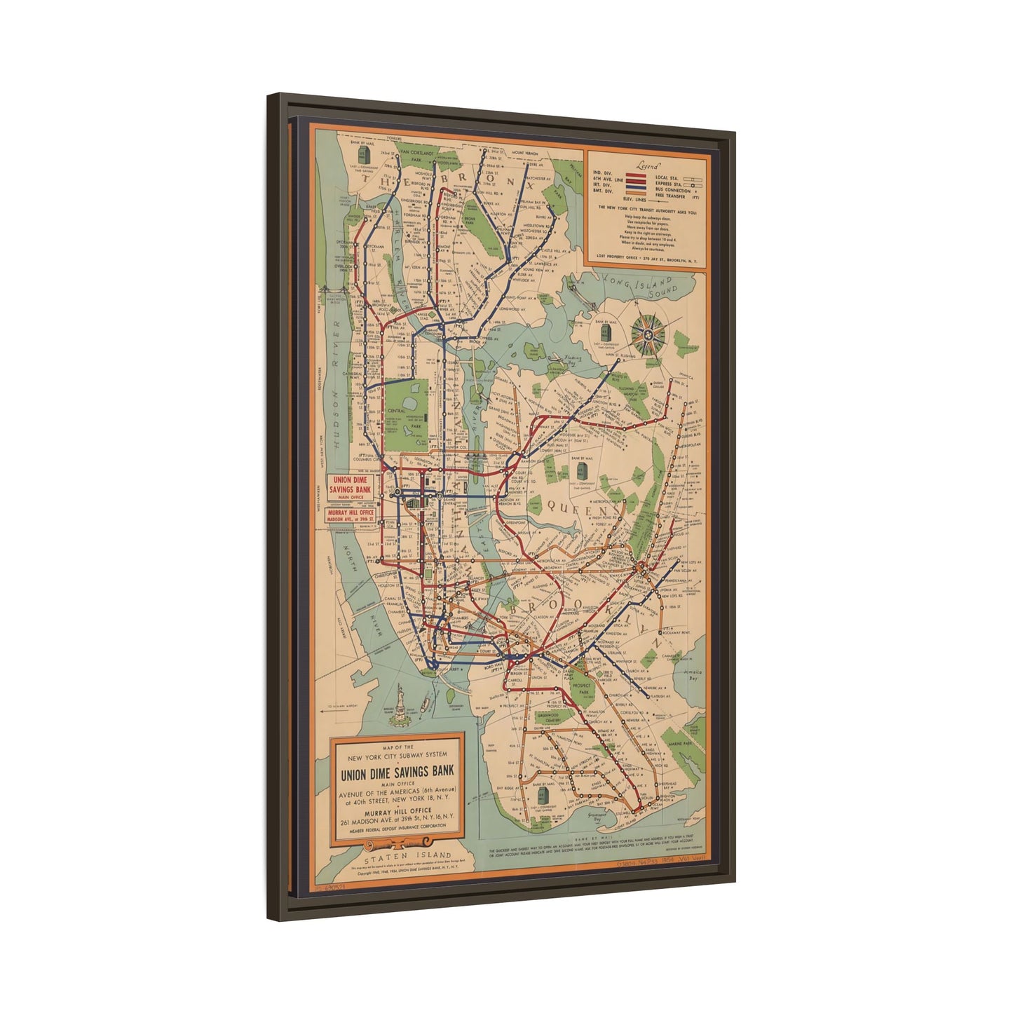 New York Subway Vintage Map on Canvas - Voorhies Framed Wall Art Print