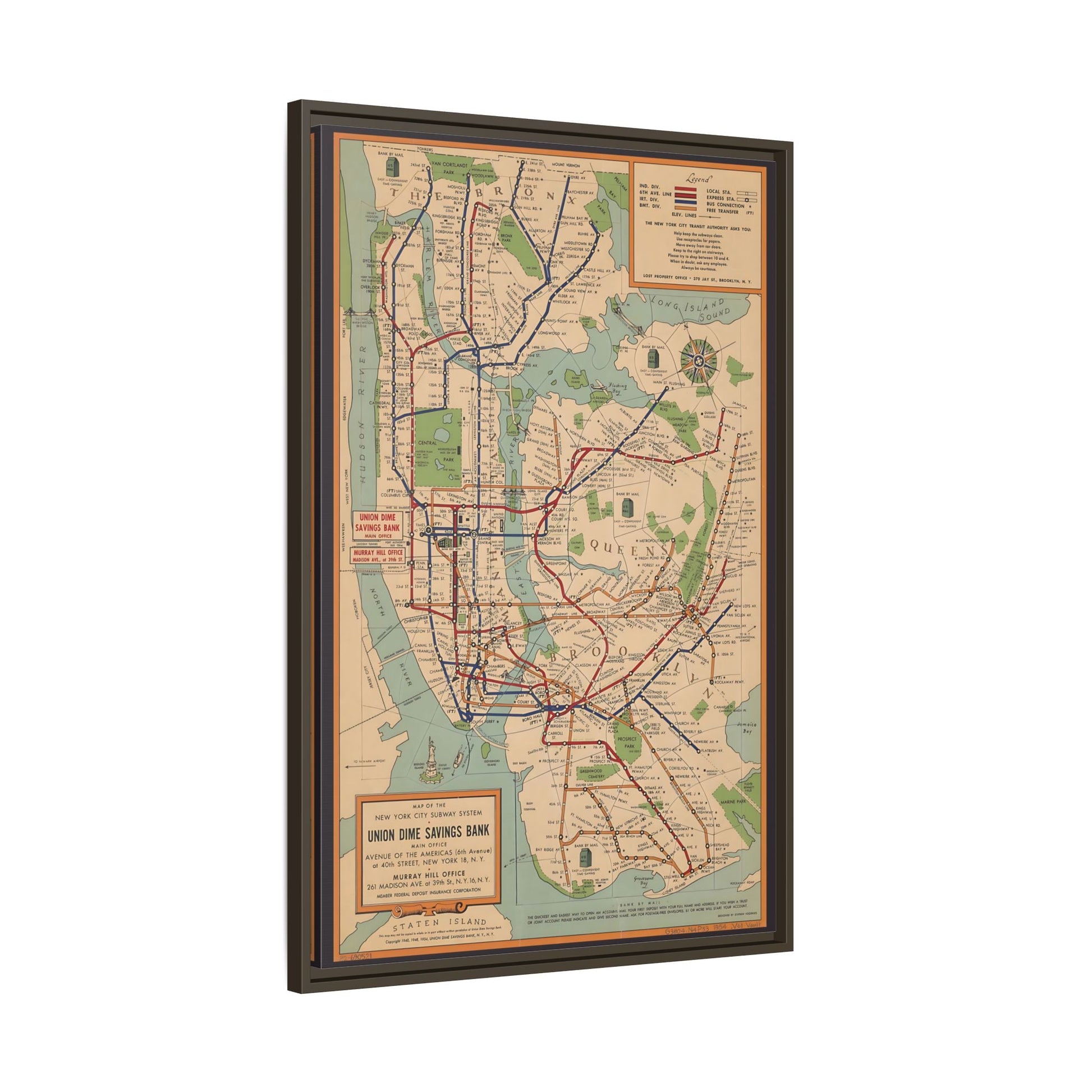 New York Subway Vintage Map on Canvas - Voorhies Framed Wall Art Print