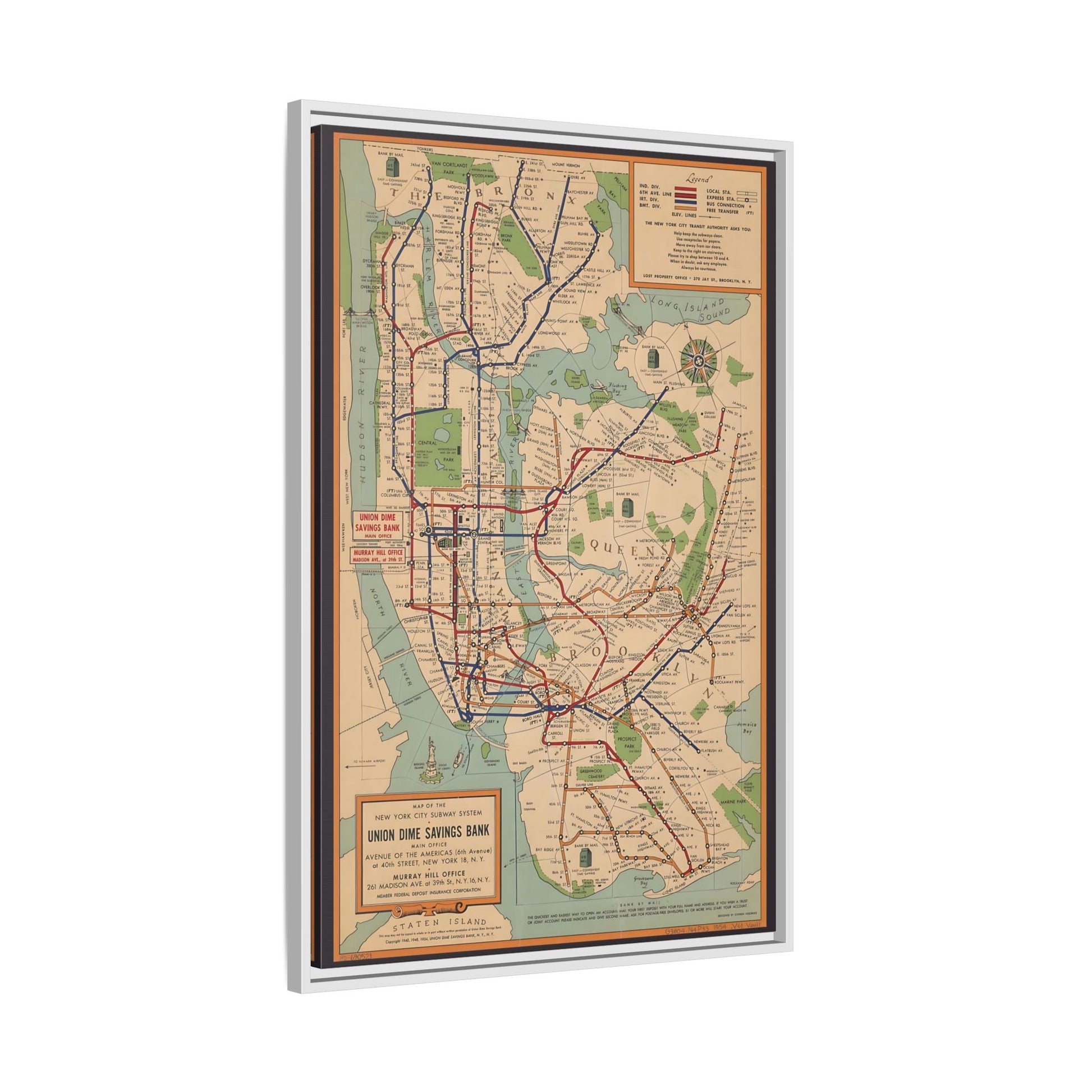 New York Subway Vintage Map on Canvas - Voorhies Framed Wall Art Print