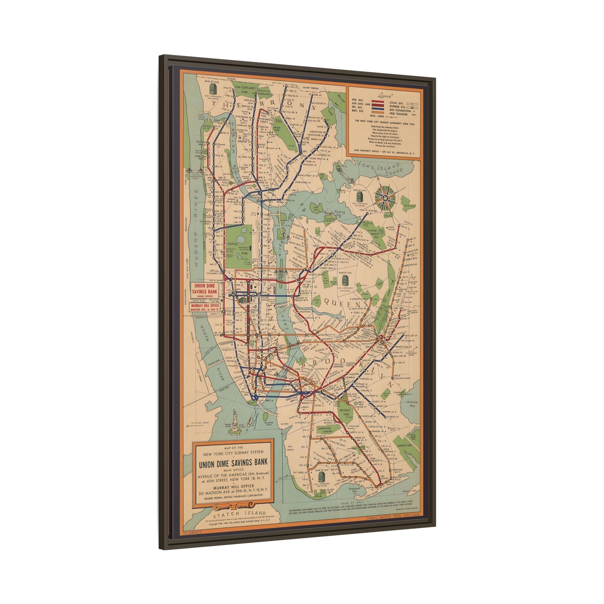 New York Subway Vintage Map on Canvas - Voorhies Framed Wall Art Print