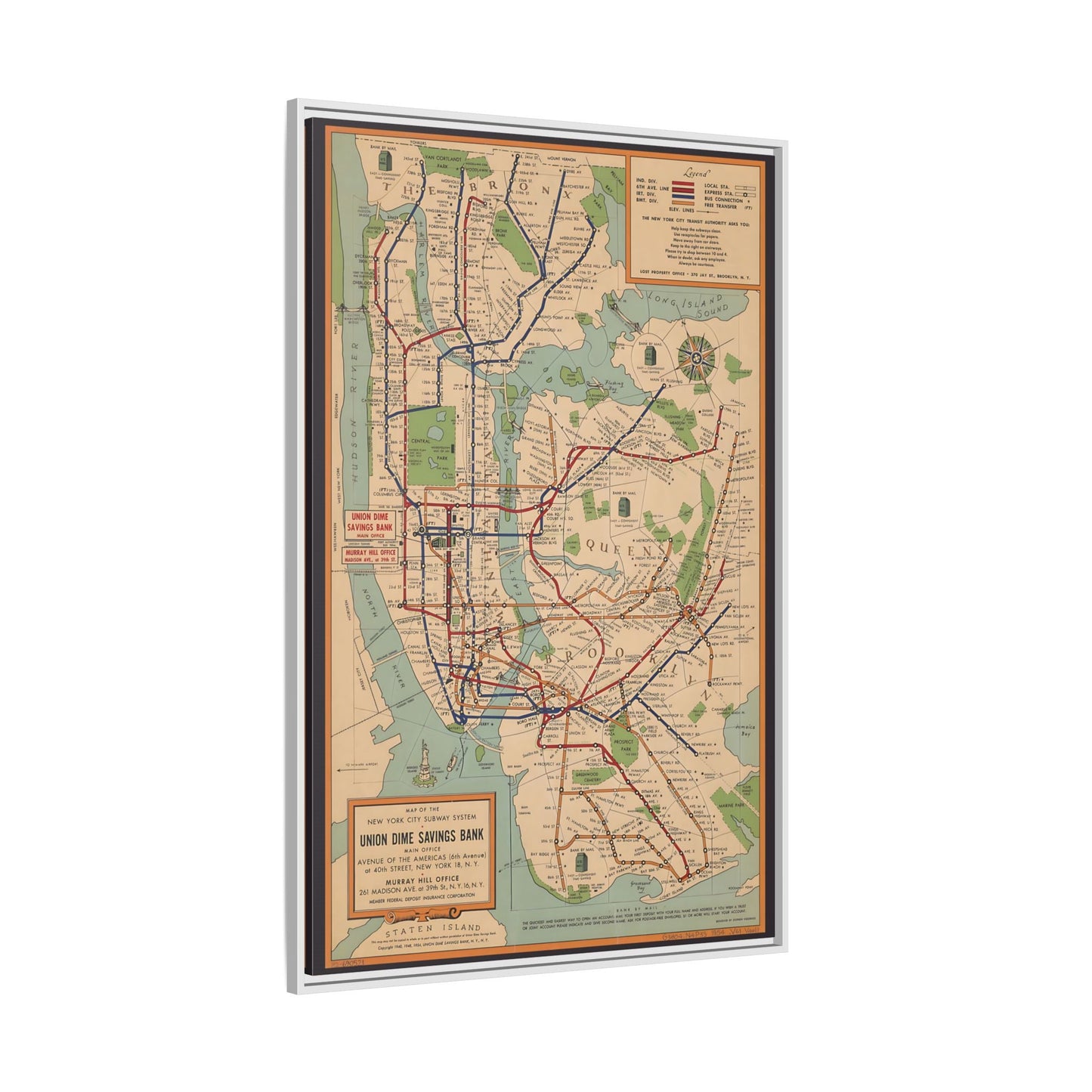 New York Subway Vintage Map on Canvas - Voorhies Framed Wall Art Print