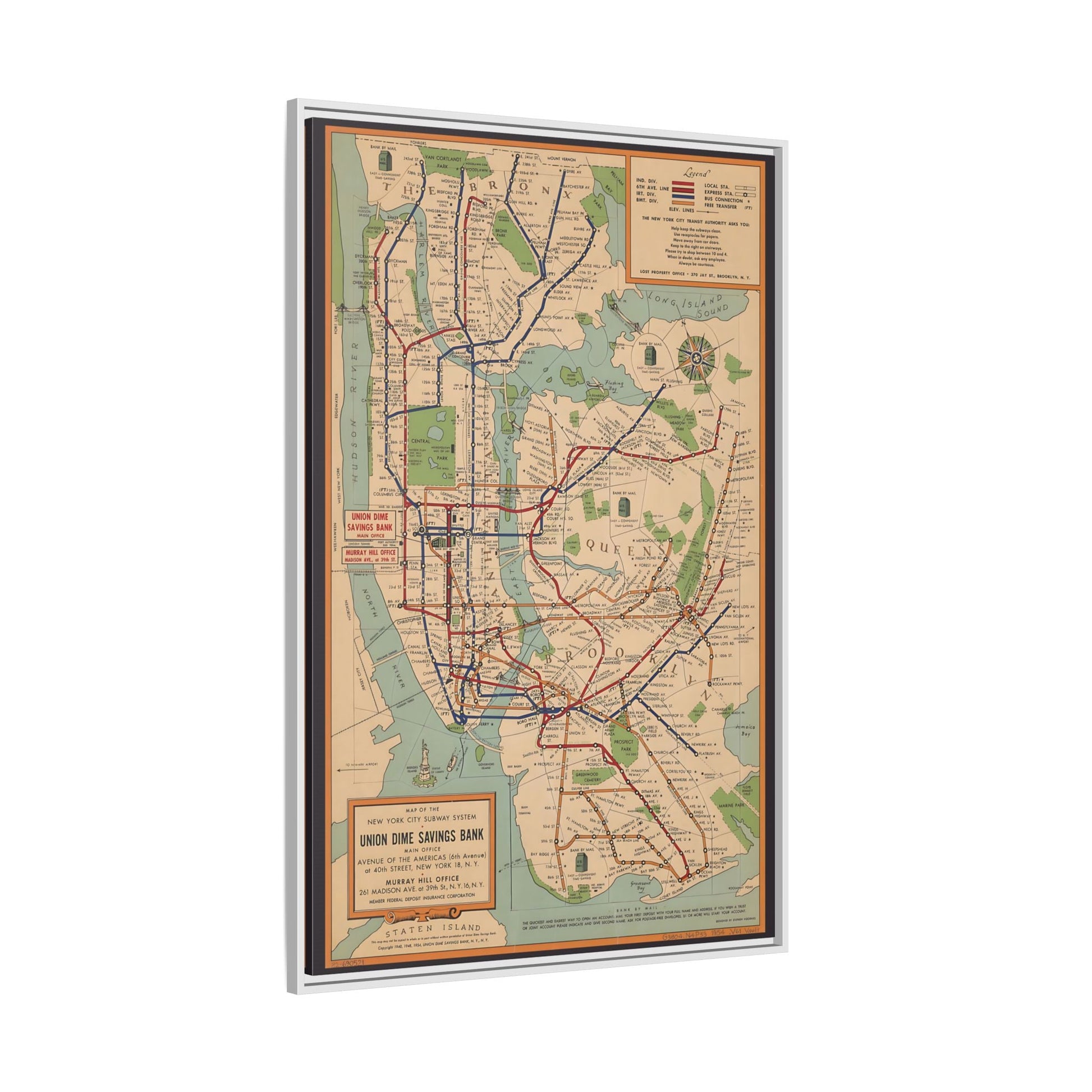 New York Subway Vintage Map on Canvas - Voorhies Framed Wall Art Print