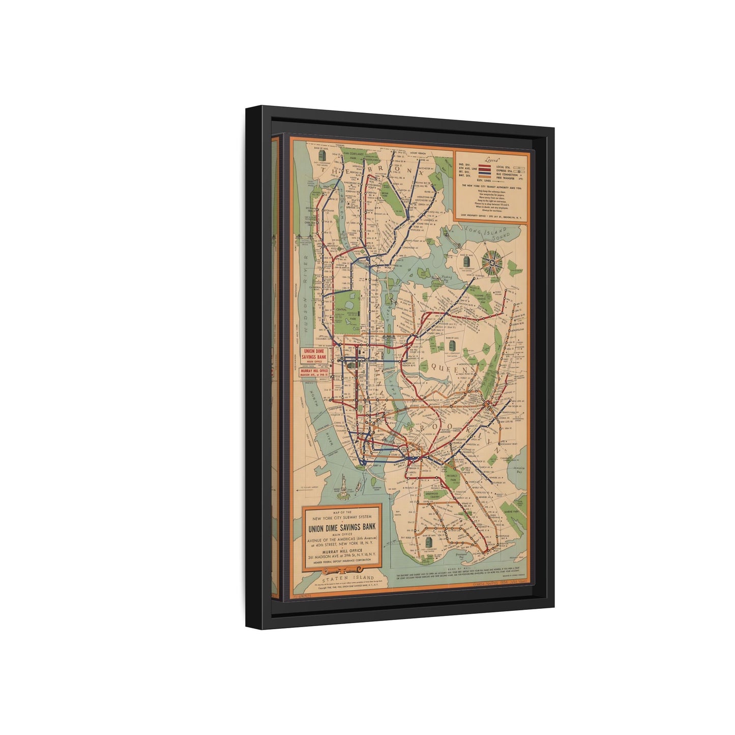 New York Subway Vintage Map on Canvas - Voorhies Framed Wall Art Print