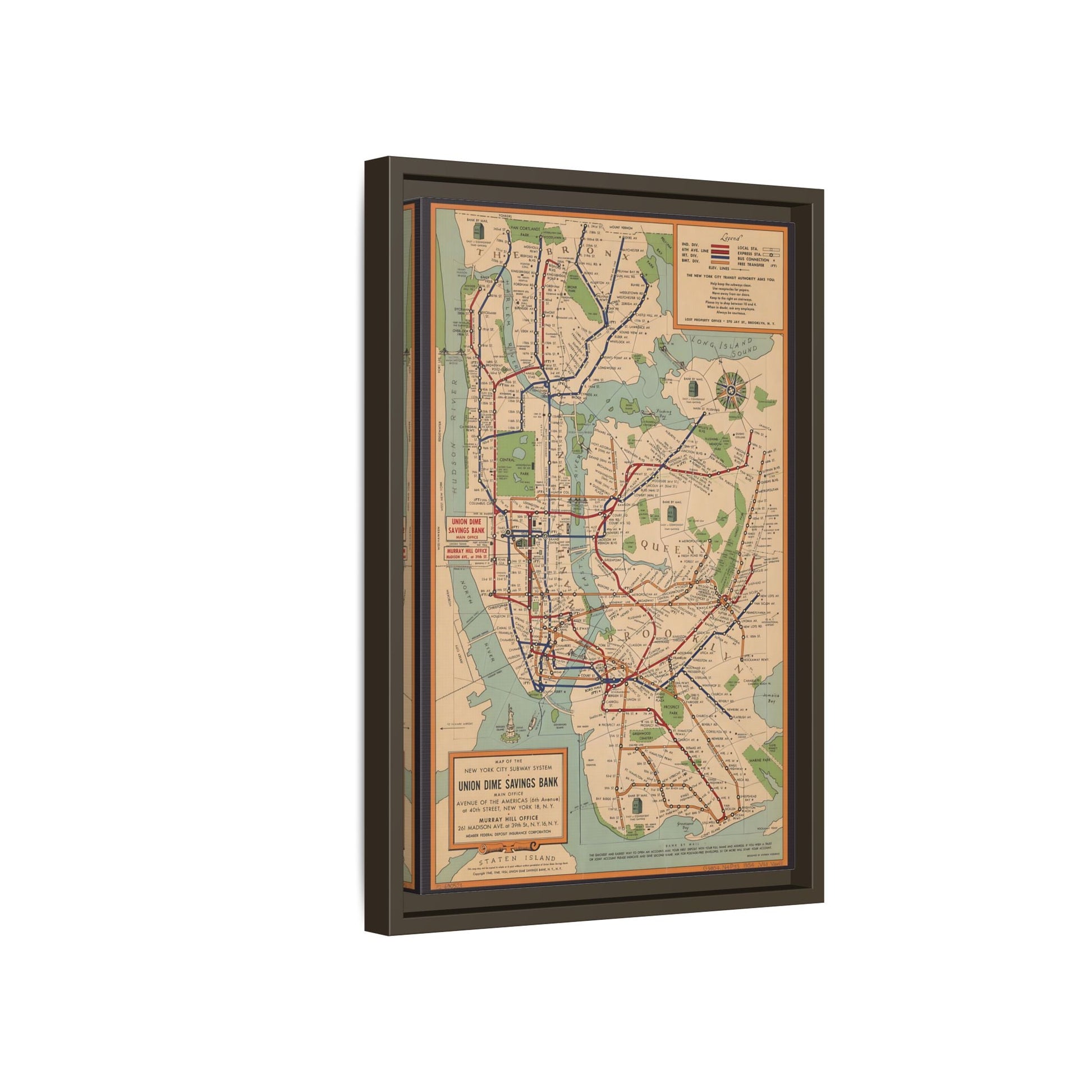 New York Subway Vintage Map on Canvas - Voorhies Framed Wall Art Print