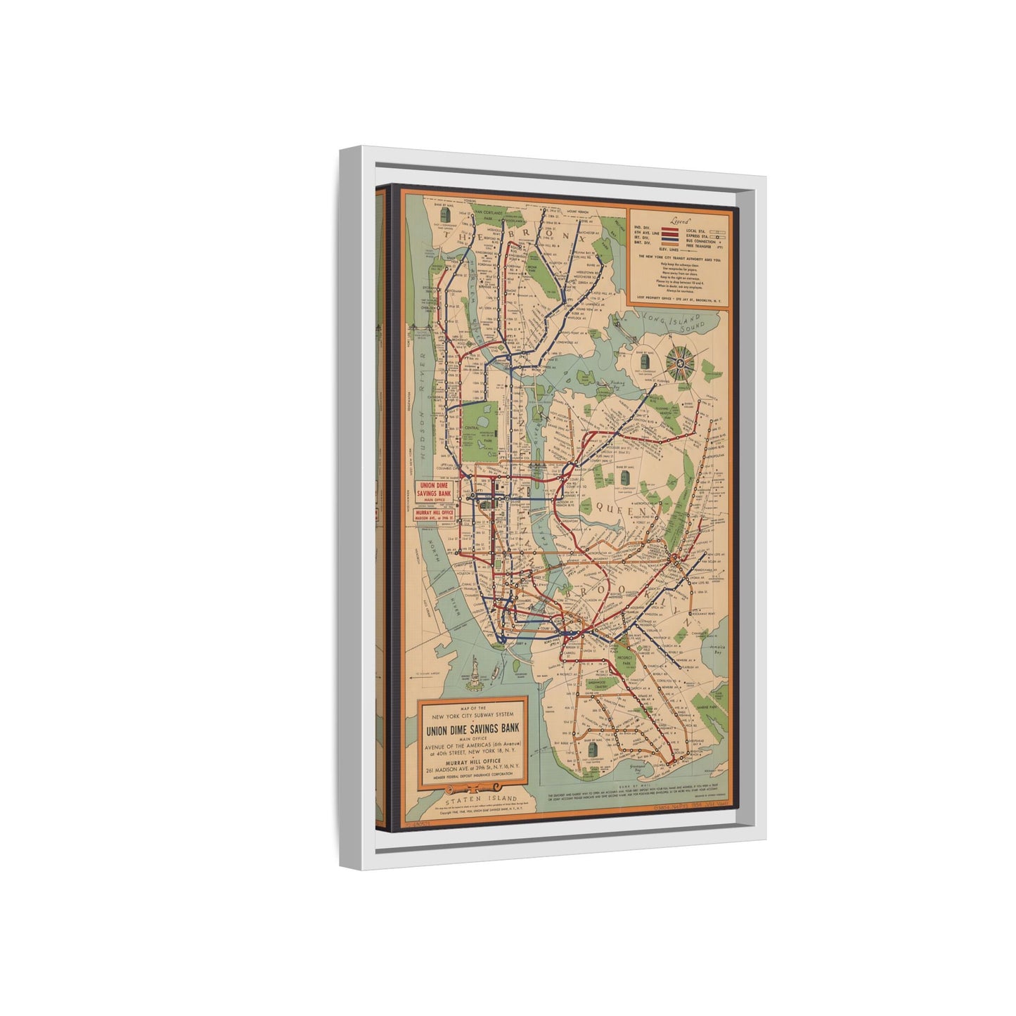 New York Subway Vintage Map on Canvas - Voorhies Framed Wall Art Print