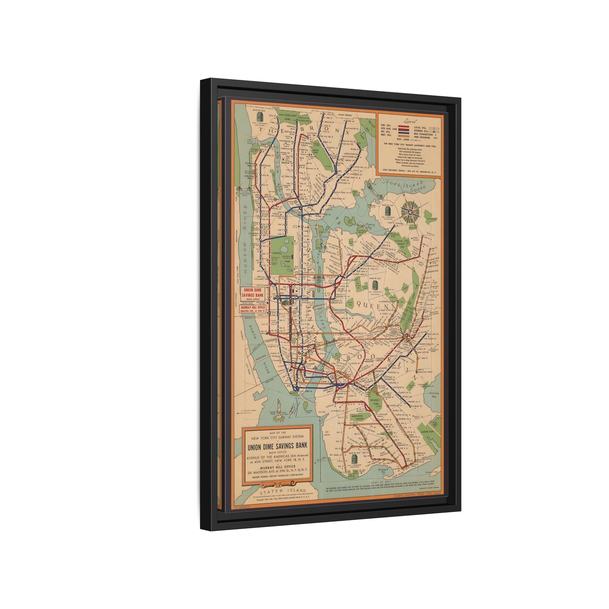 New York Subway Vintage Map on Canvas - Voorhies Framed Wall Art Print