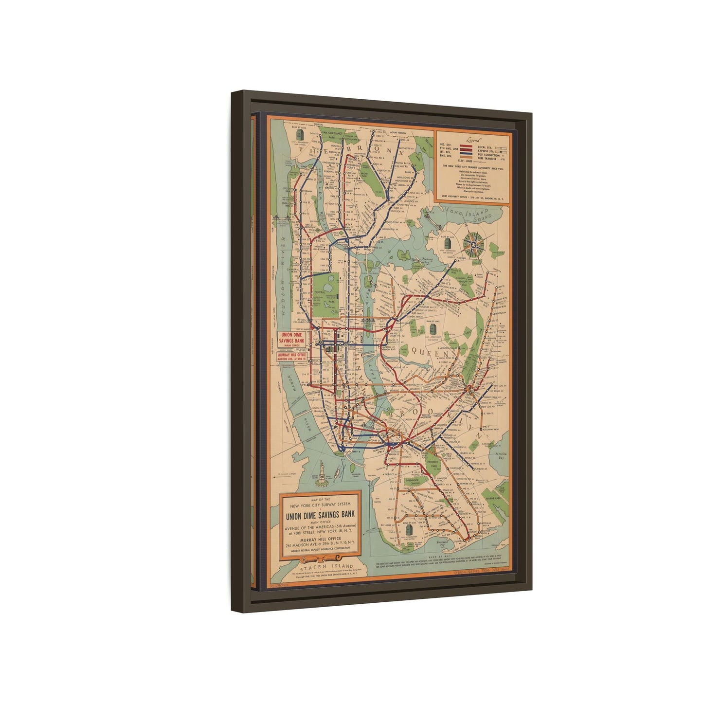 New York Subway Vintage Map on Canvas - Voorhies Framed Wall Art Print