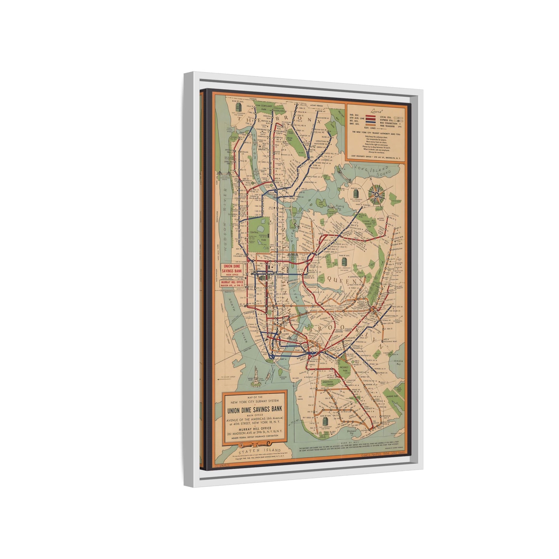 New York Subway Vintage Map on Canvas - Voorhies Framed Wall Art Print