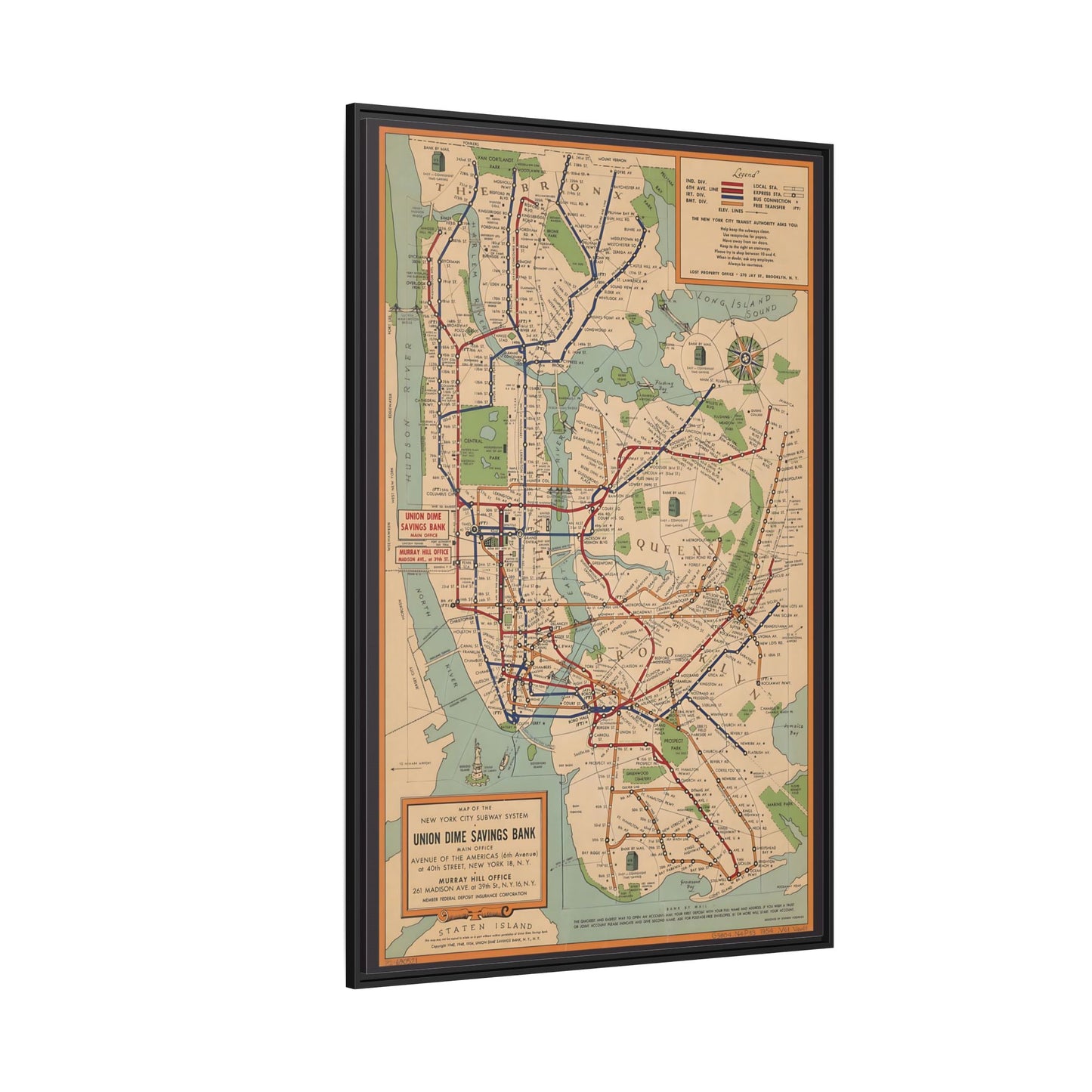 New York Subway Vintage Map on Canvas - Voorhies Framed Wall Art Print