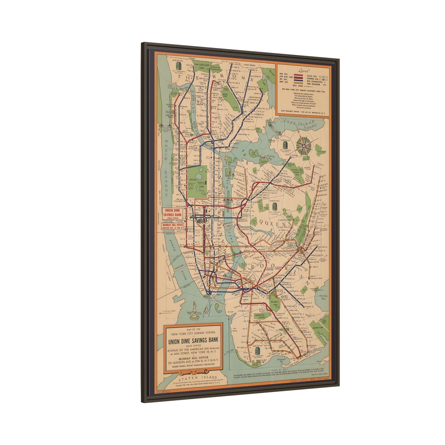 New York Subway Vintage Map on Canvas - Voorhies Framed Wall Art Print