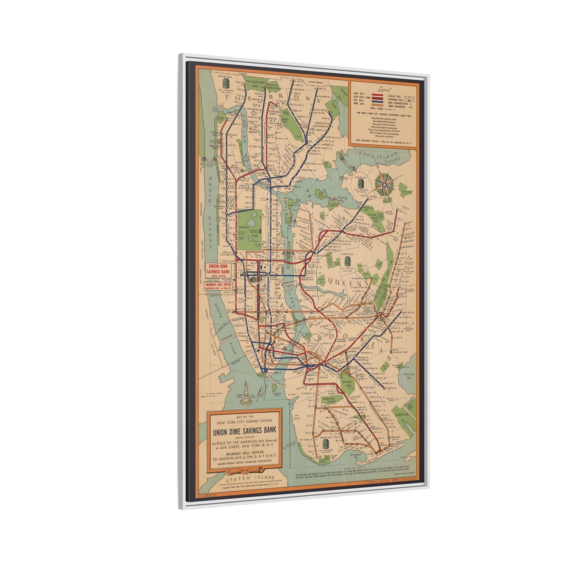 New York Subway Vintage Map on Canvas - Voorhies Framed Wall Art Print