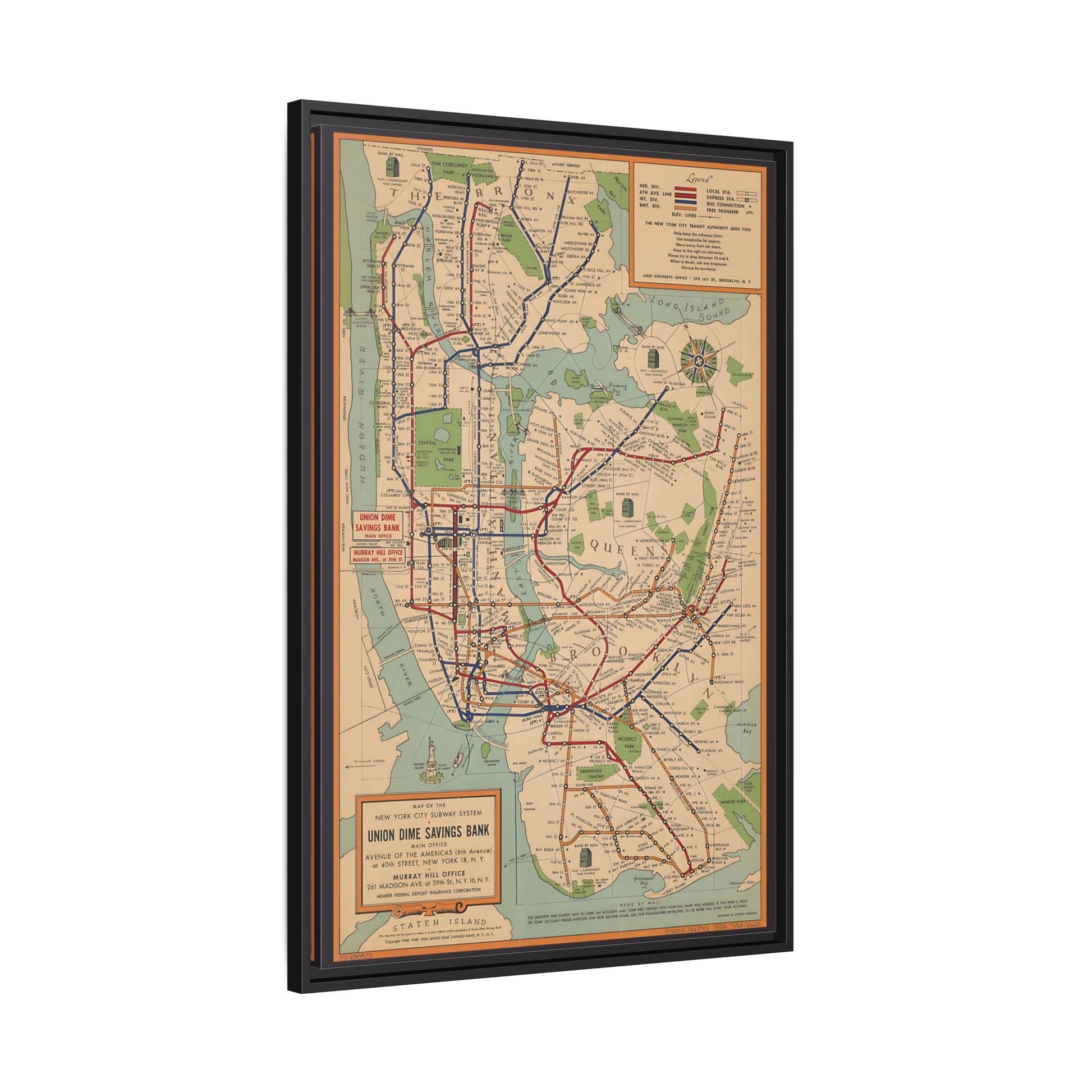 New York Subway Vintage Map on Canvas - Voorhies Framed Wall Art Print