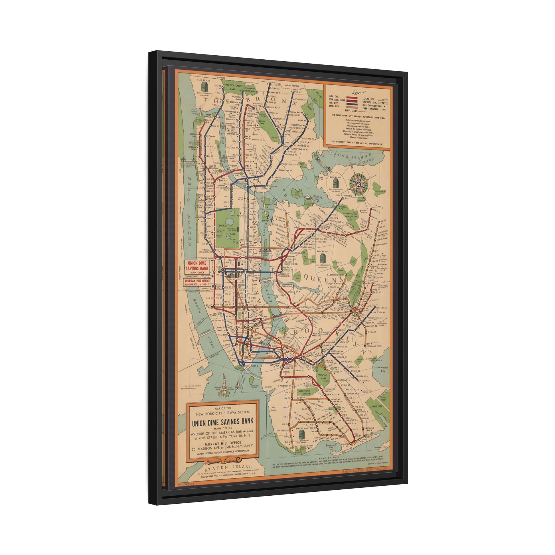 New York Subway Vintage Map on Canvas - Voorhies Framed Wall Art Print