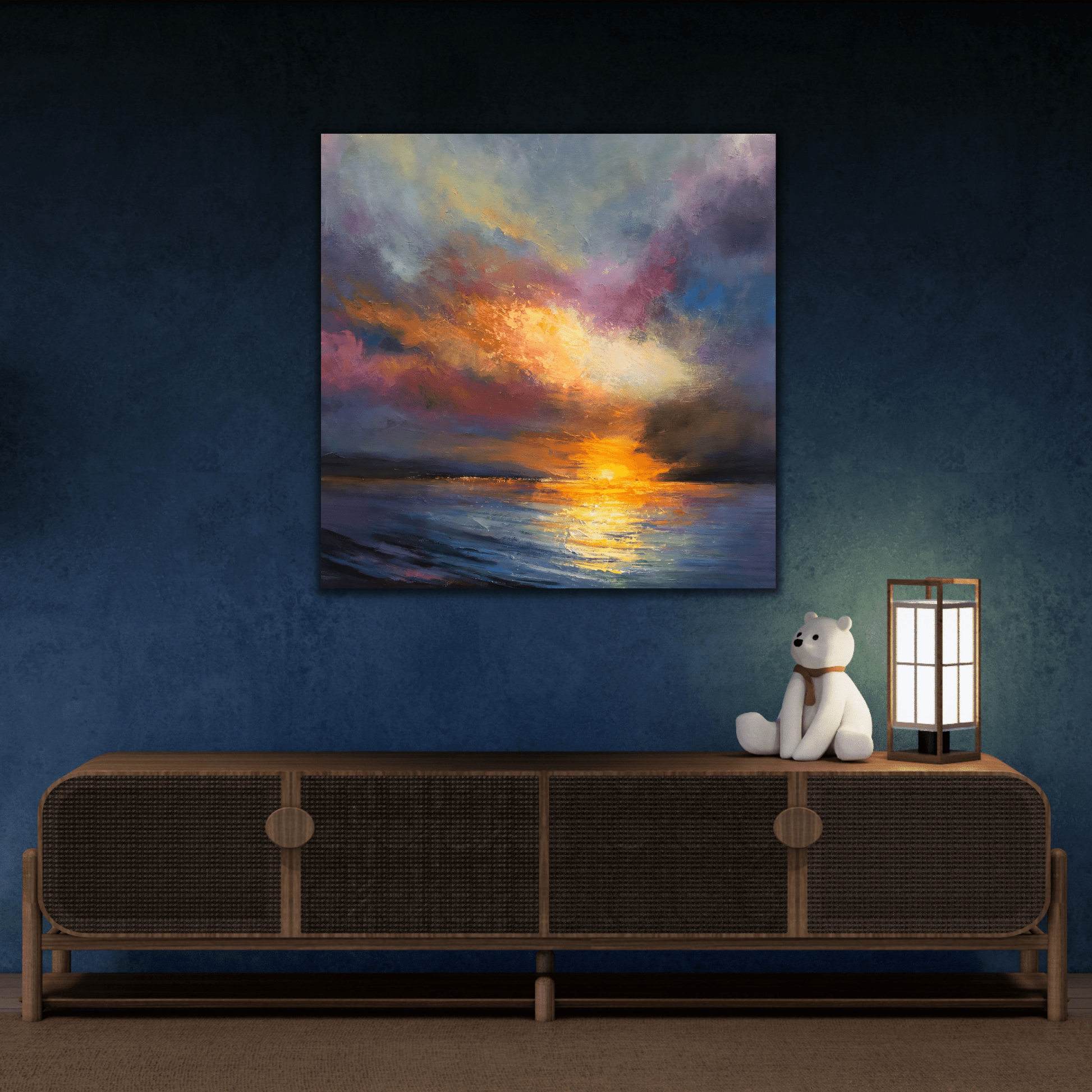 Ocean Sunset Canvas Wall Art, Abstract Colorful Contemporary Seascape Print