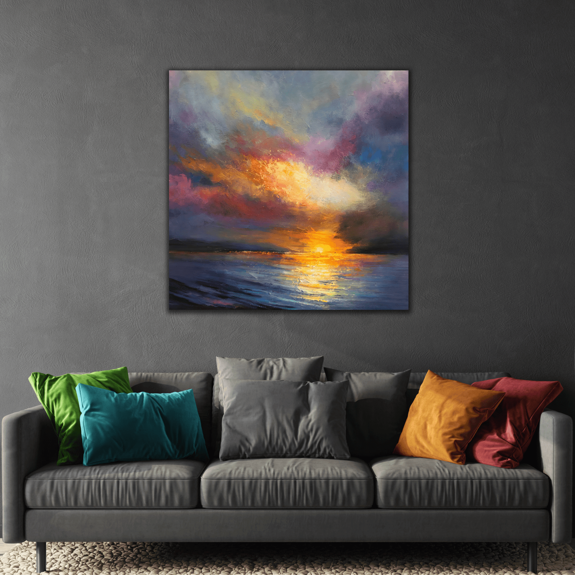 Ocean Sunset Canvas Wall Art, Abstract Colorful Contemporary Seascape Print