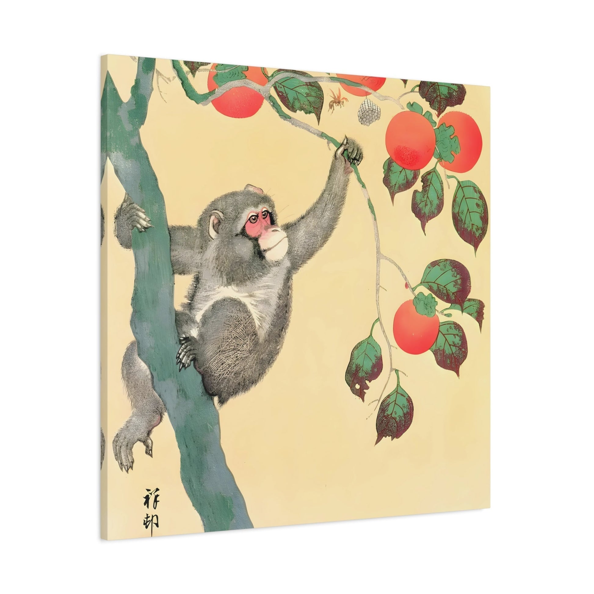 Ohara Koson Monkey Persimmon Tree - Square Canvas Wall Art Print