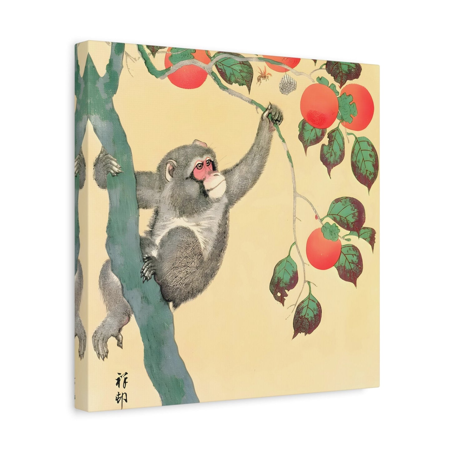 Ohara Koson Monkey Persimmon Tree - Square Canvas Wall Art Print