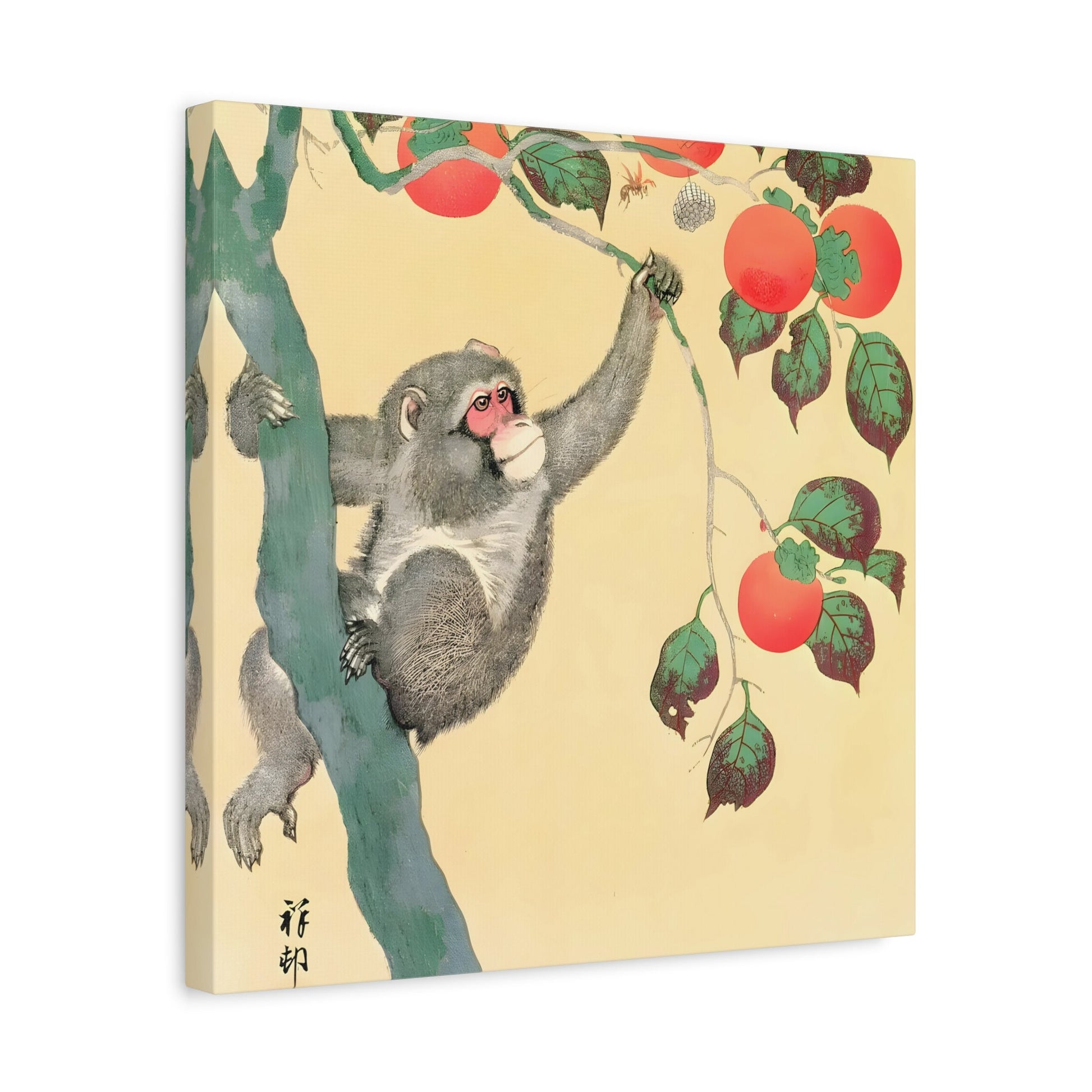 Ohara Koson Monkey Persimmon Tree - Square Canvas Wall Art Print