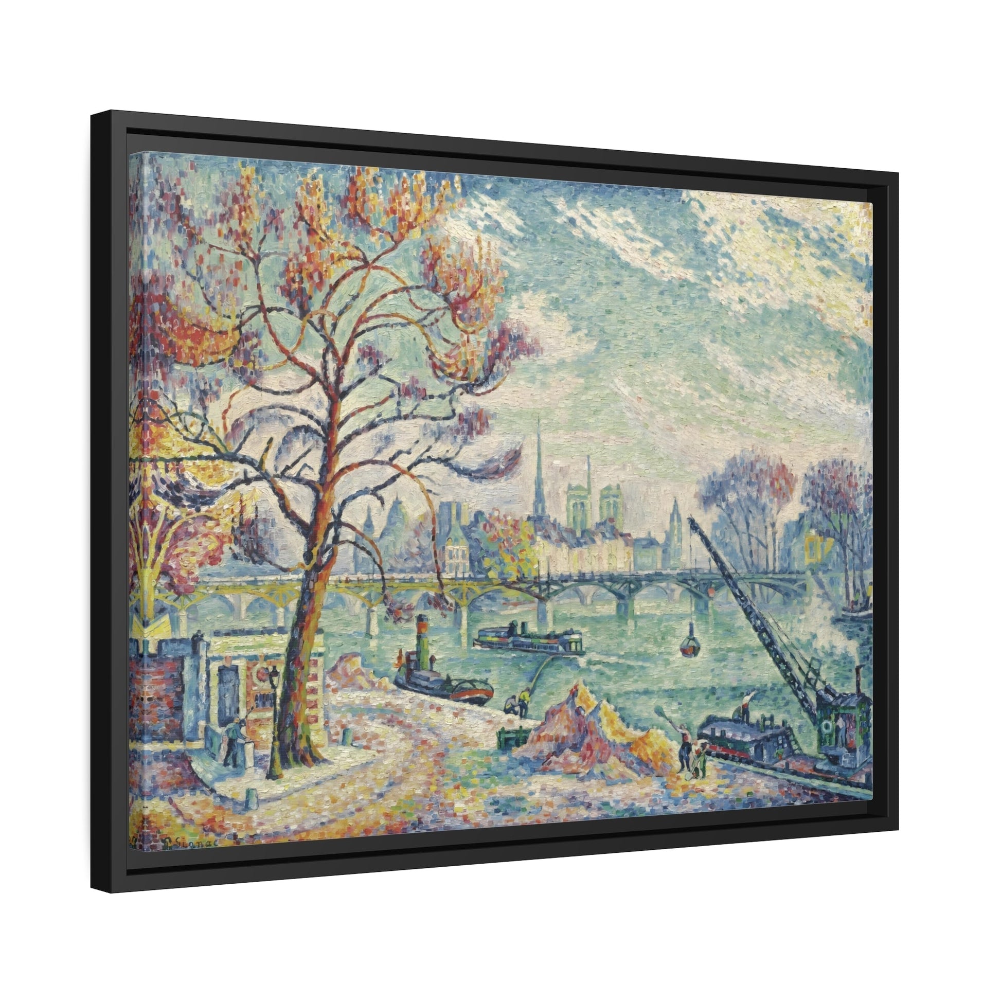 Paul Signac Pont Des Arts Paris - Framed Canvas Wall Art Print in Black Pinewood Frame