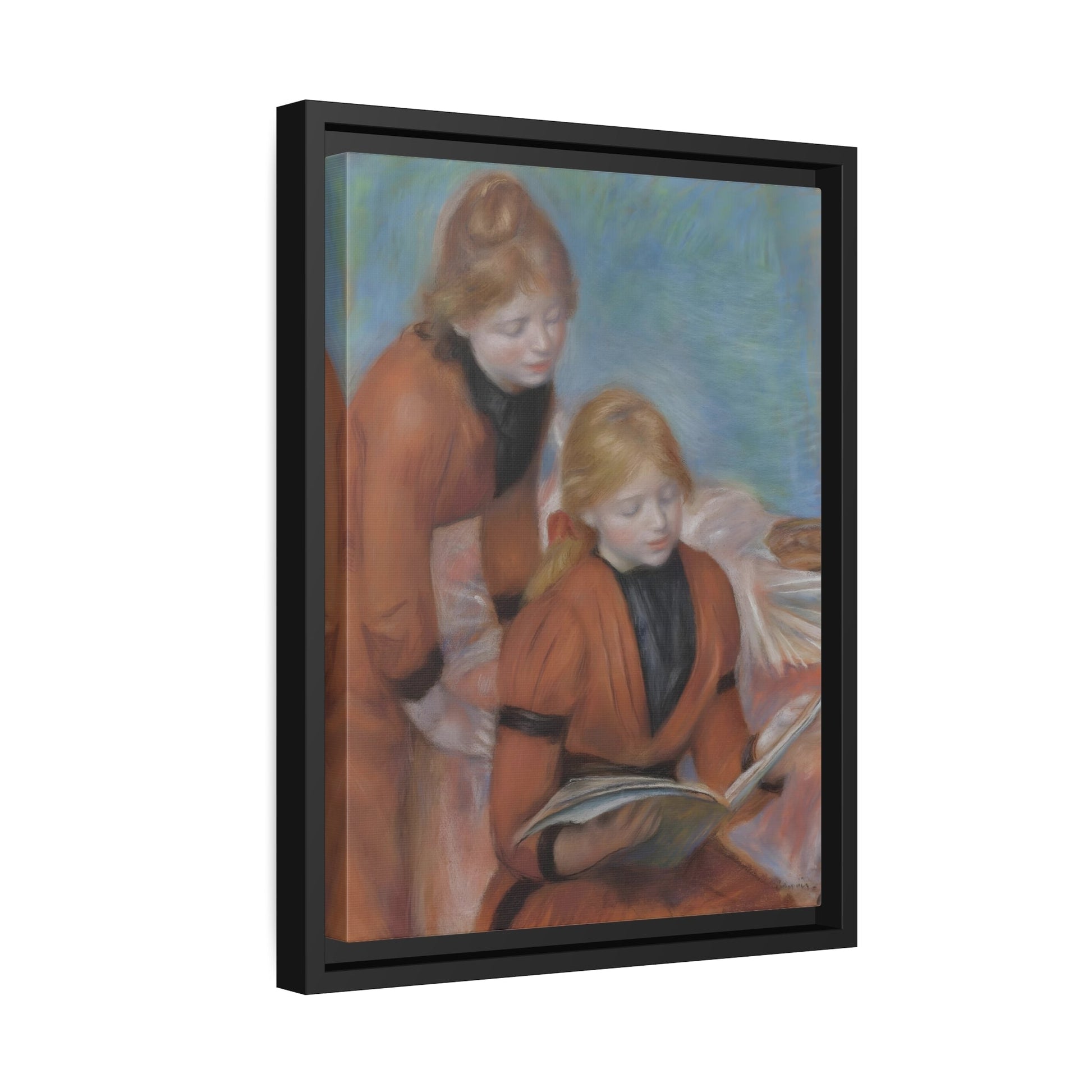 Pierre Auguste Renoir Reading - Framed Canvas Art Reproduction - Black Frame