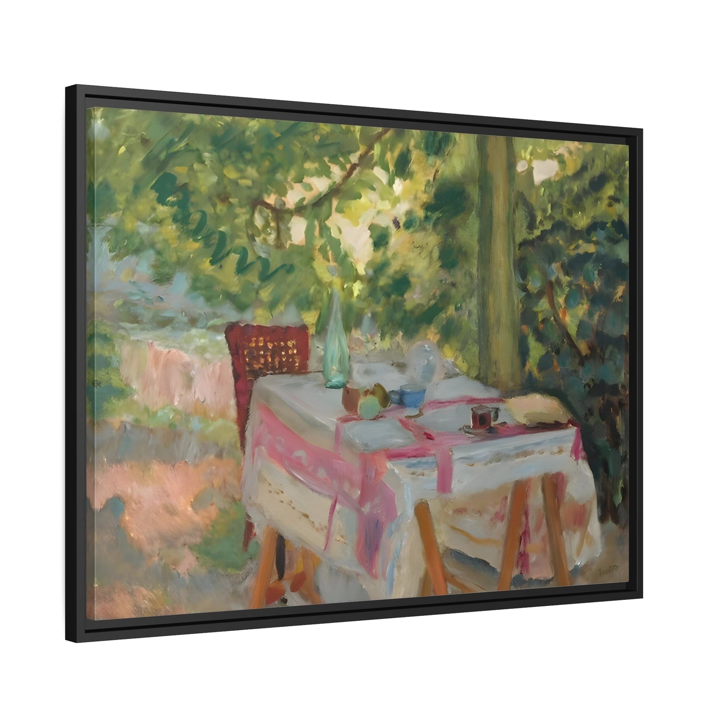 Pierre Bonnard Table Set In A Garden - Framed Canvas Wall Art Print in Black Pinewood Frame