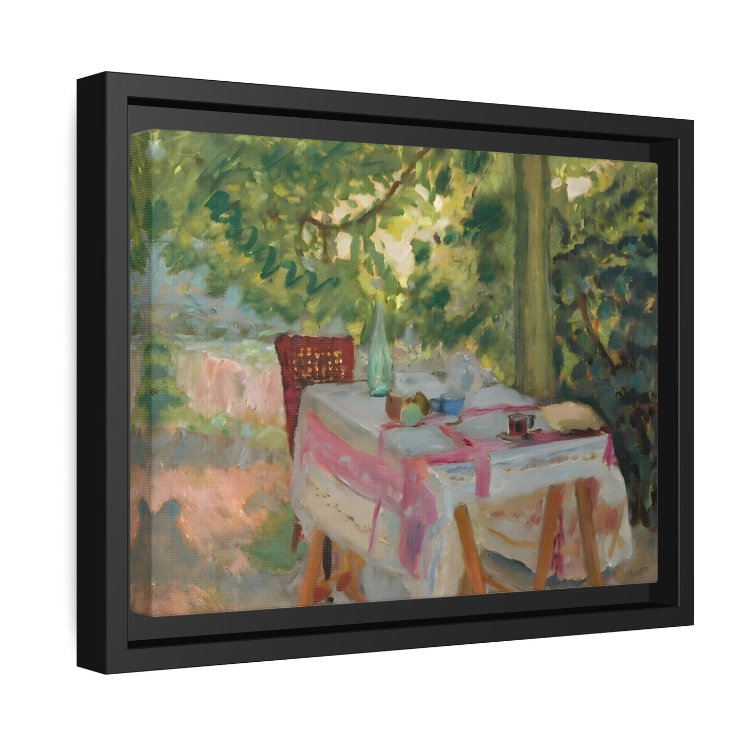 Pierre Bonnard Table Set In A Garden - Framed Canvas Wall Art Print in Black Pinewood Frame