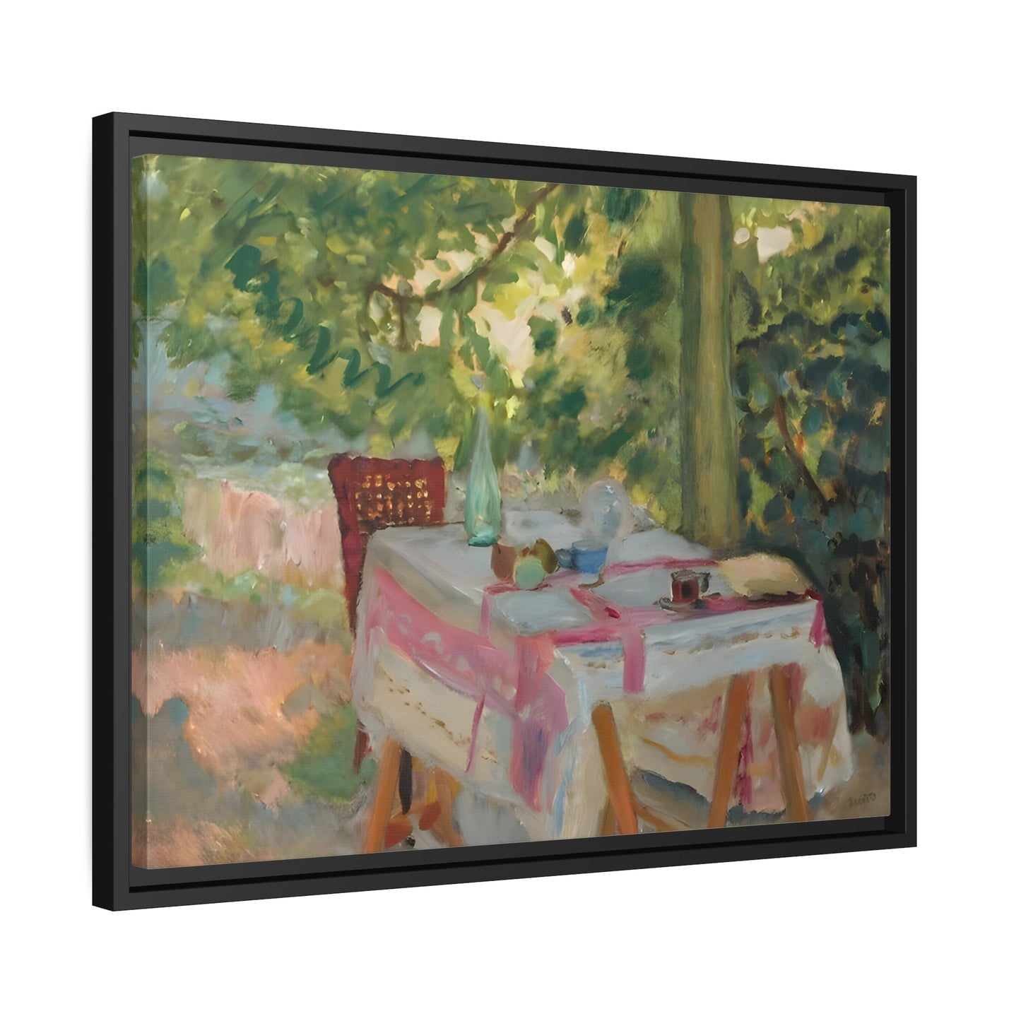 Pierre Bonnard Table Set In A Garden - Framed Canvas Wall Art Print in Black Pinewood Frame