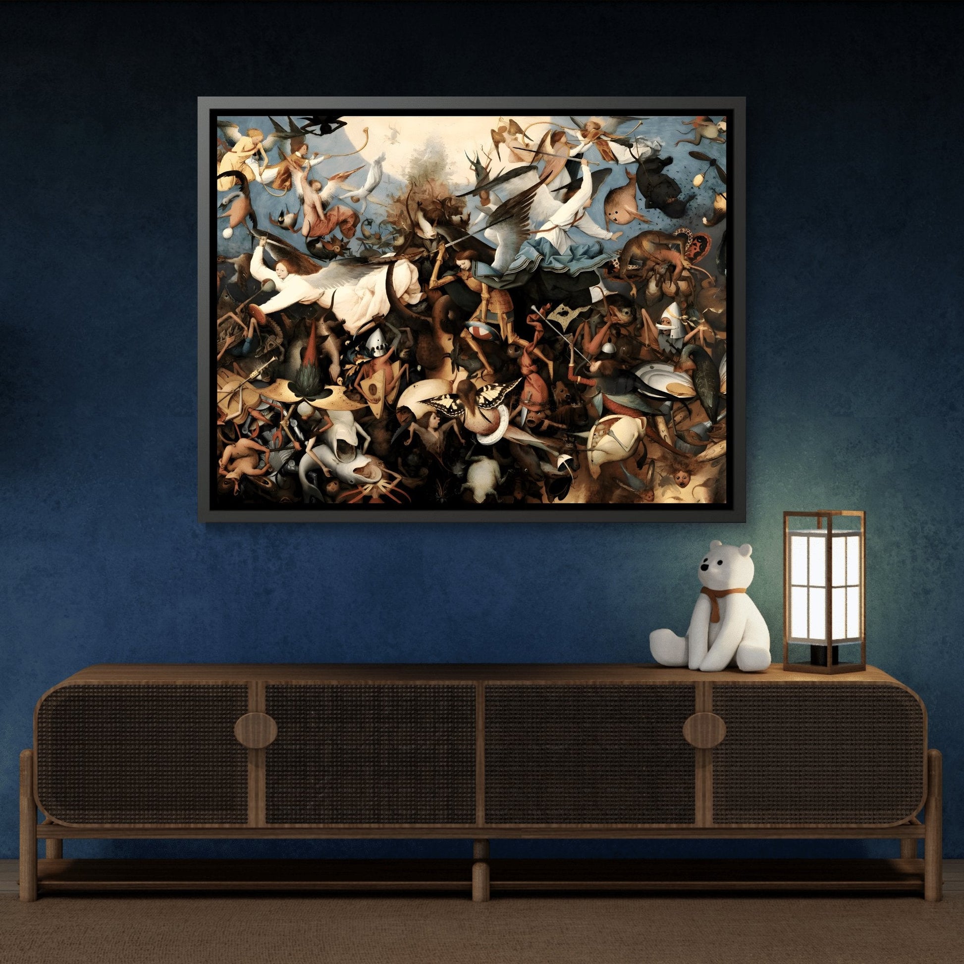 Pieter Bruegel the Elder Fall of the Rebel Angels - Framed Canvas Wall Art Print in Black Pinewood Frame