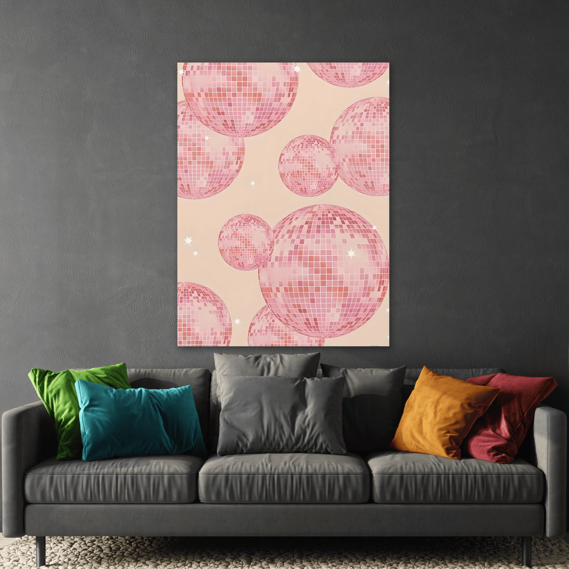 Pink Orange Disco Ball Canvas Wall Art, Trendy Maximalist Girly Bachelorette Dorm