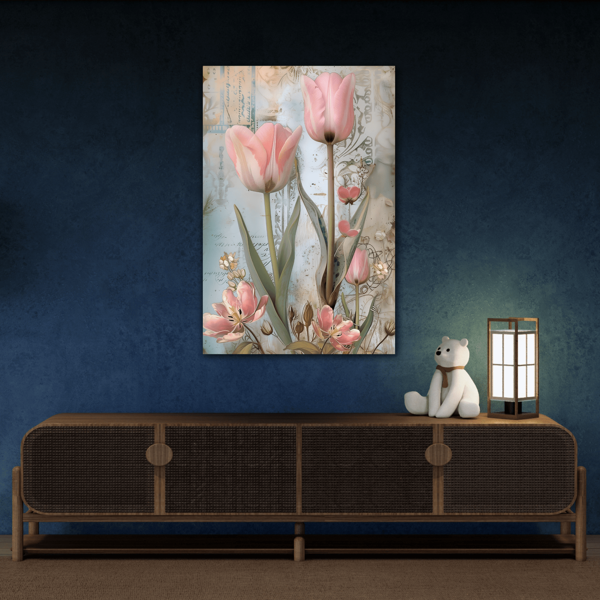 Pink Tulips Vintage Floral Canvas Wall Art Flowers Print
