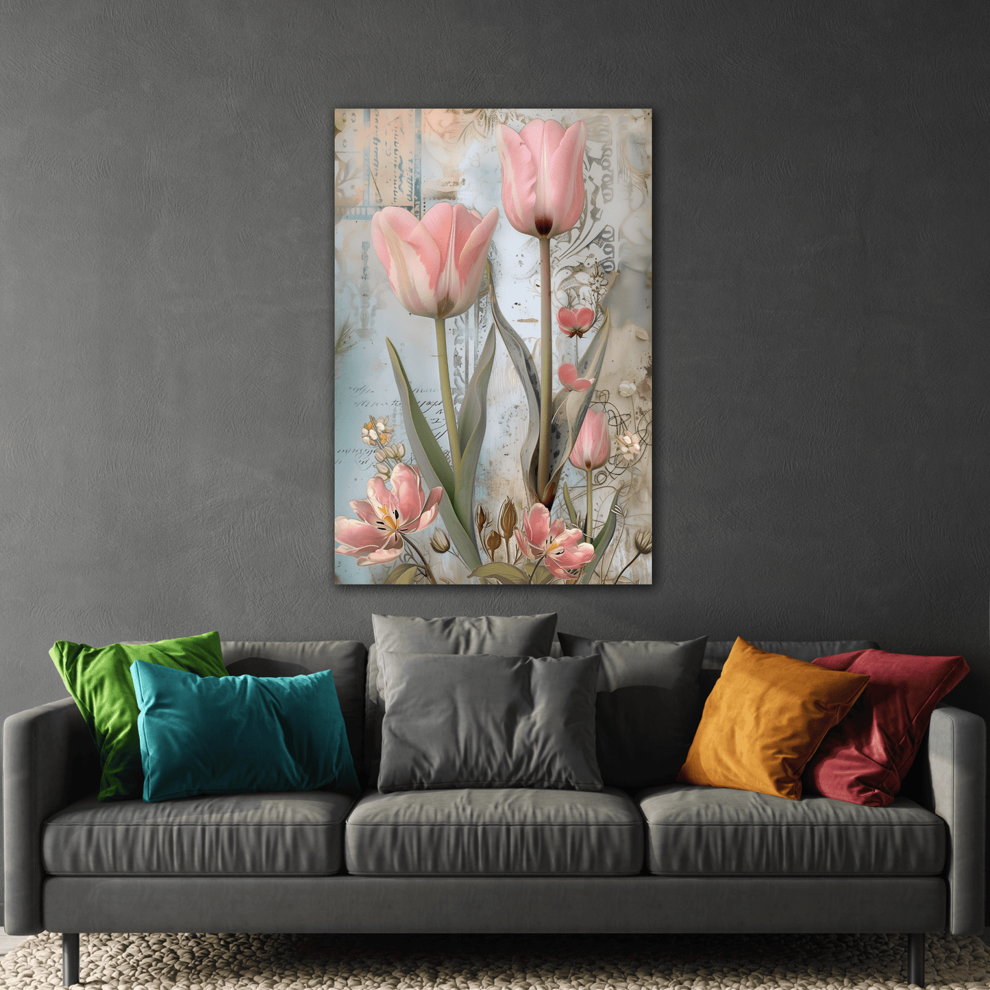 Pink Tulips Vintage Floral Canvas Wall Art Flowers Print