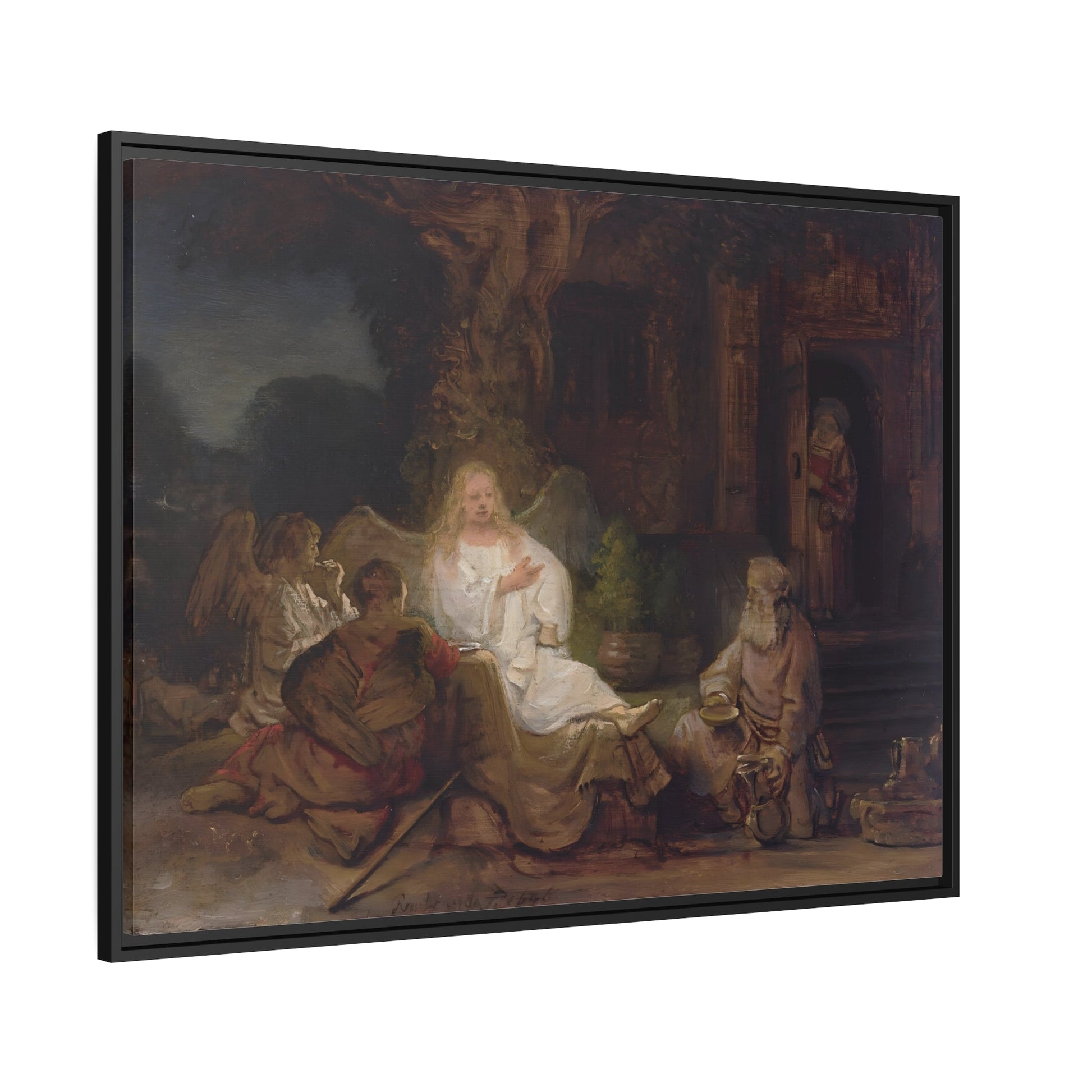 Rembrandt Abraham and the Angels - Framed Canvas Wall Art Print in Black Pinewood Frame