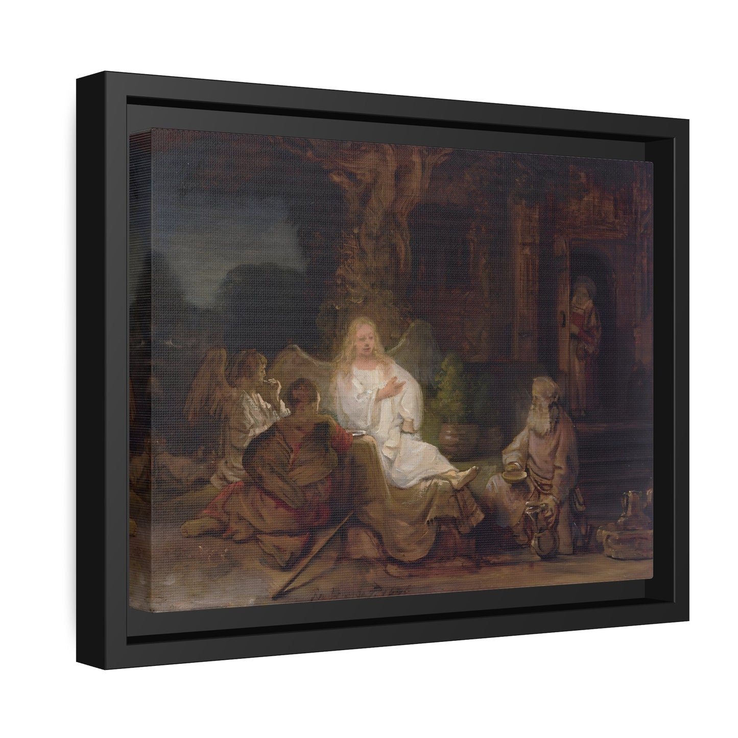 Rembrandt Abraham and the Angels - Framed Canvas Wall Art Print in Black Pinewood Frame