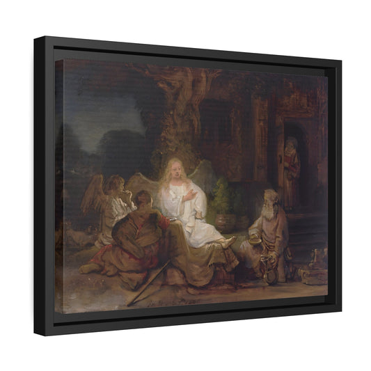 Rembrandt Abraham and the Angels - Framed Canvas Wall Art Print in Black Pinewood Frame