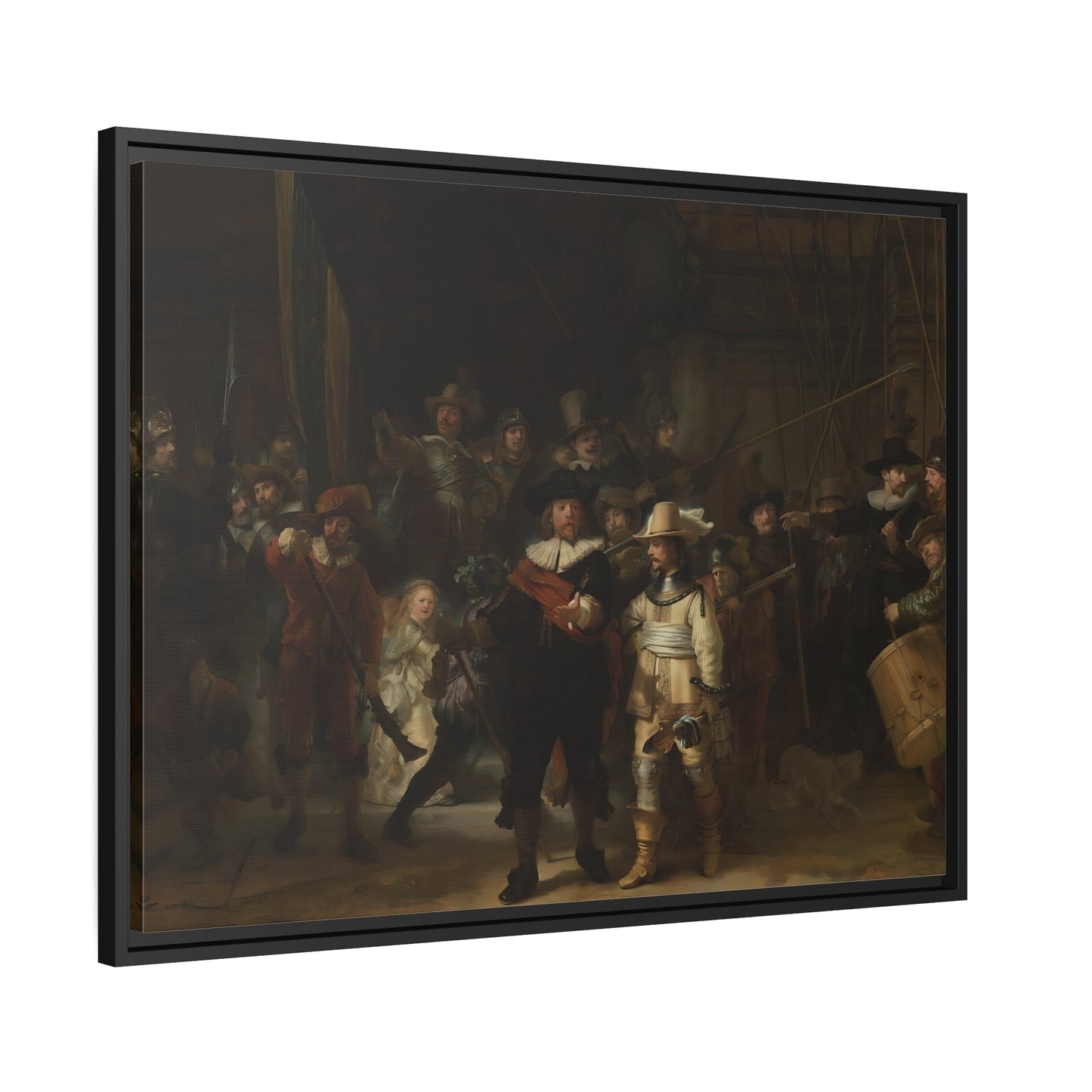 Rembrandt Night Watch - Framed Canvas Wall Art Print in Black Pinewood Frame