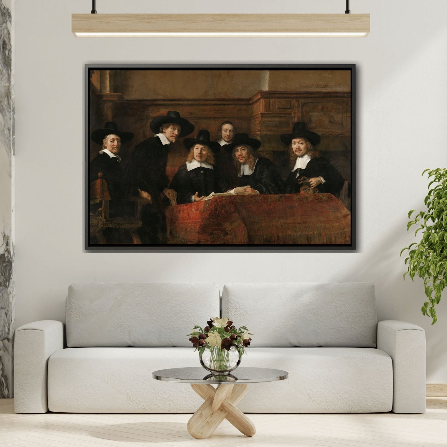 Rembrandt The Syndics Drapers Guild - Framed Canvas Wall Art Print in Black Frame