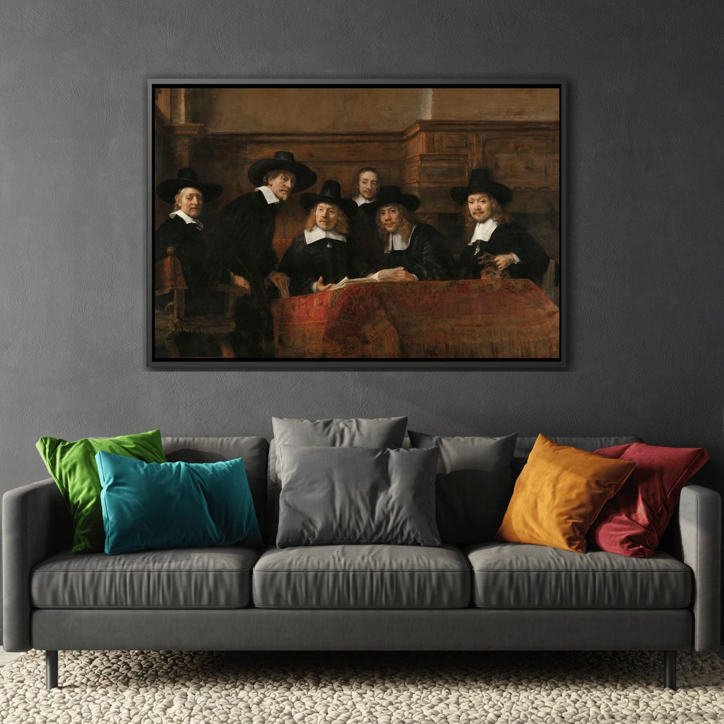 Rembrandt The Syndics Drapers Guild - Framed Canvas Wall Art Print in Black Frame