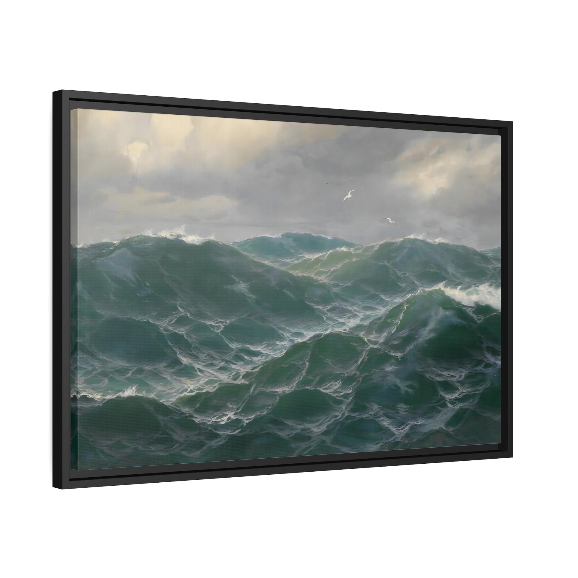 Seascape Seagulls Marine - Sea Landscape Framed Canvas Wall Art Print in Black Frame