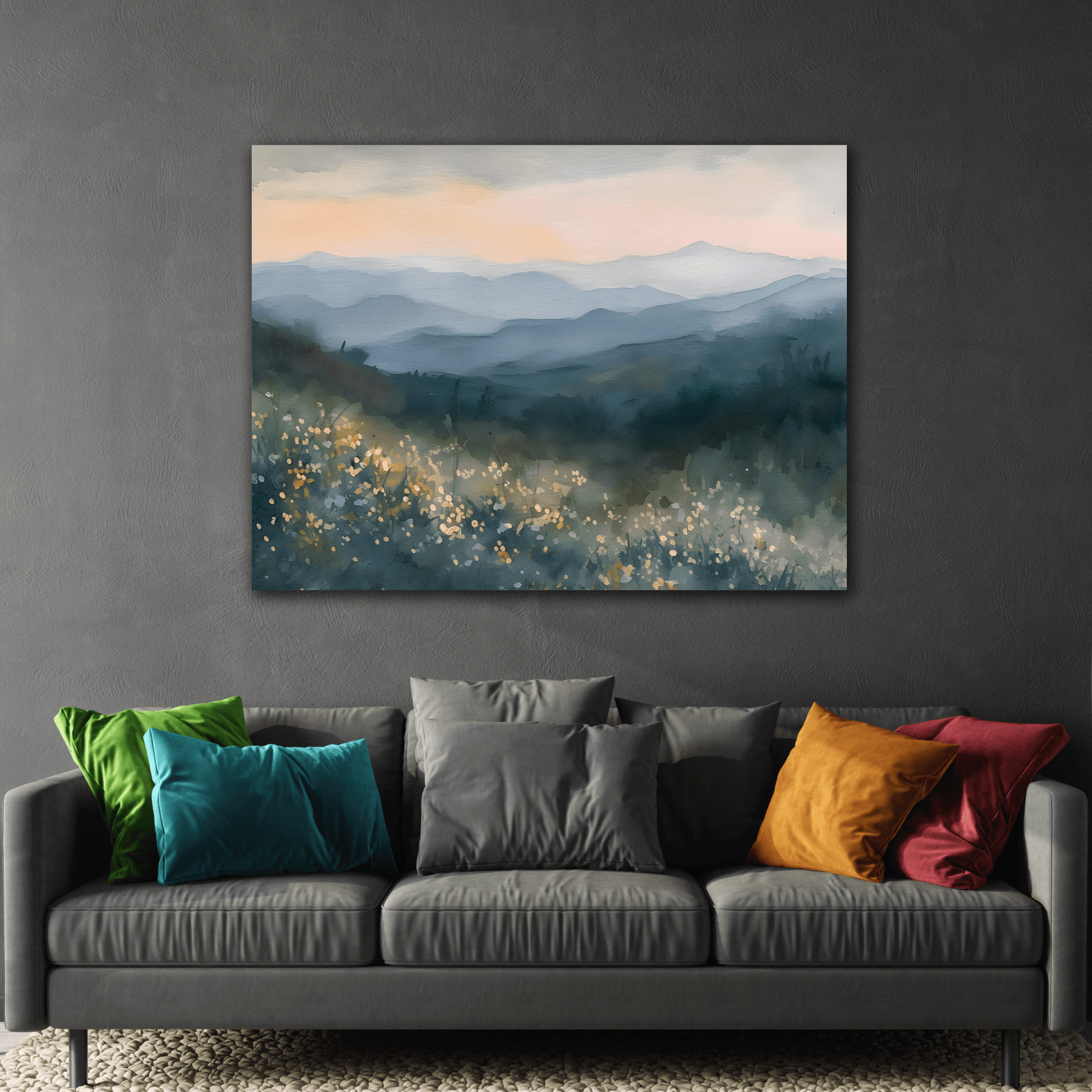 Smoky Mountains Spring Flowers Watercolor Canvas Wall Art, Mountain Forest Print